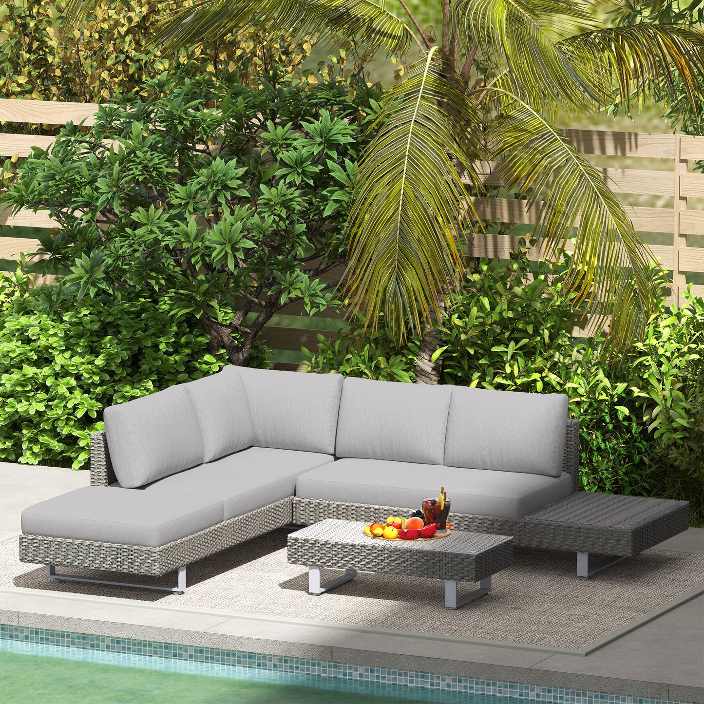 Outsunny Three Piece Rattan Sofa Set With Cushions And Table Light Grey Weather Resistant Outdoor Garden Furniture