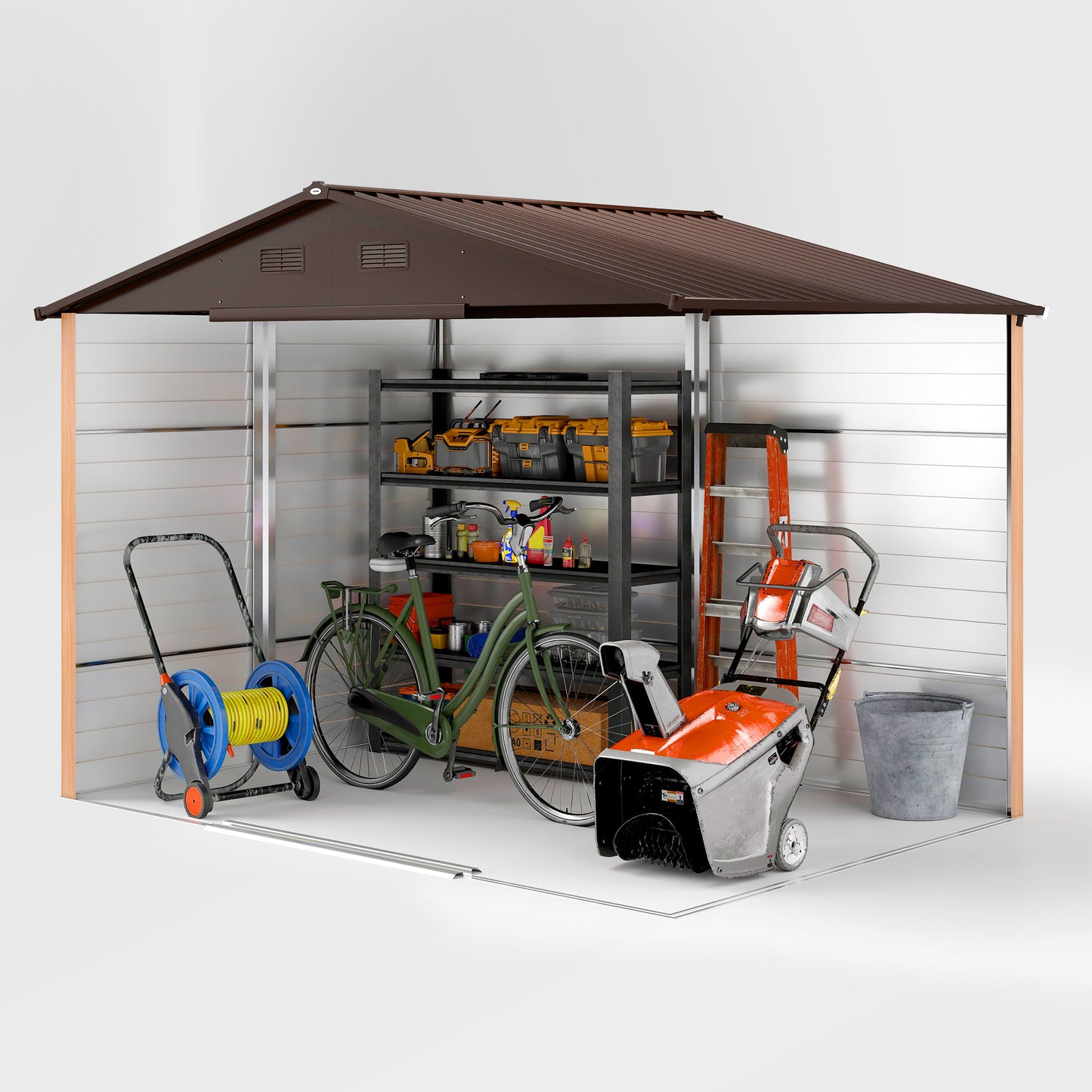 Outsunny 9 By 6 Ft Galvanised Steel Shed With Double Sliding Doors And Four Ventilation Slots Brown Wood Effect