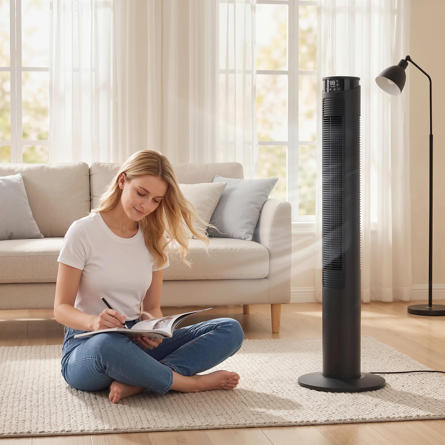HOMCOM Tower Fan With WiFi Control And Remote 116 Cm Standing Floor Fan Black Edition