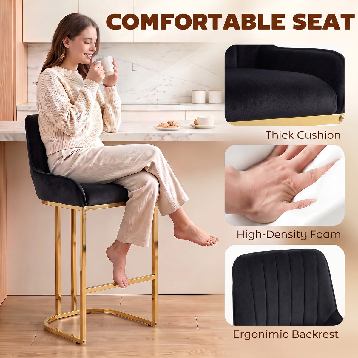 Single black velvet bar stool with tall pleated backrest and thick cushioned seat