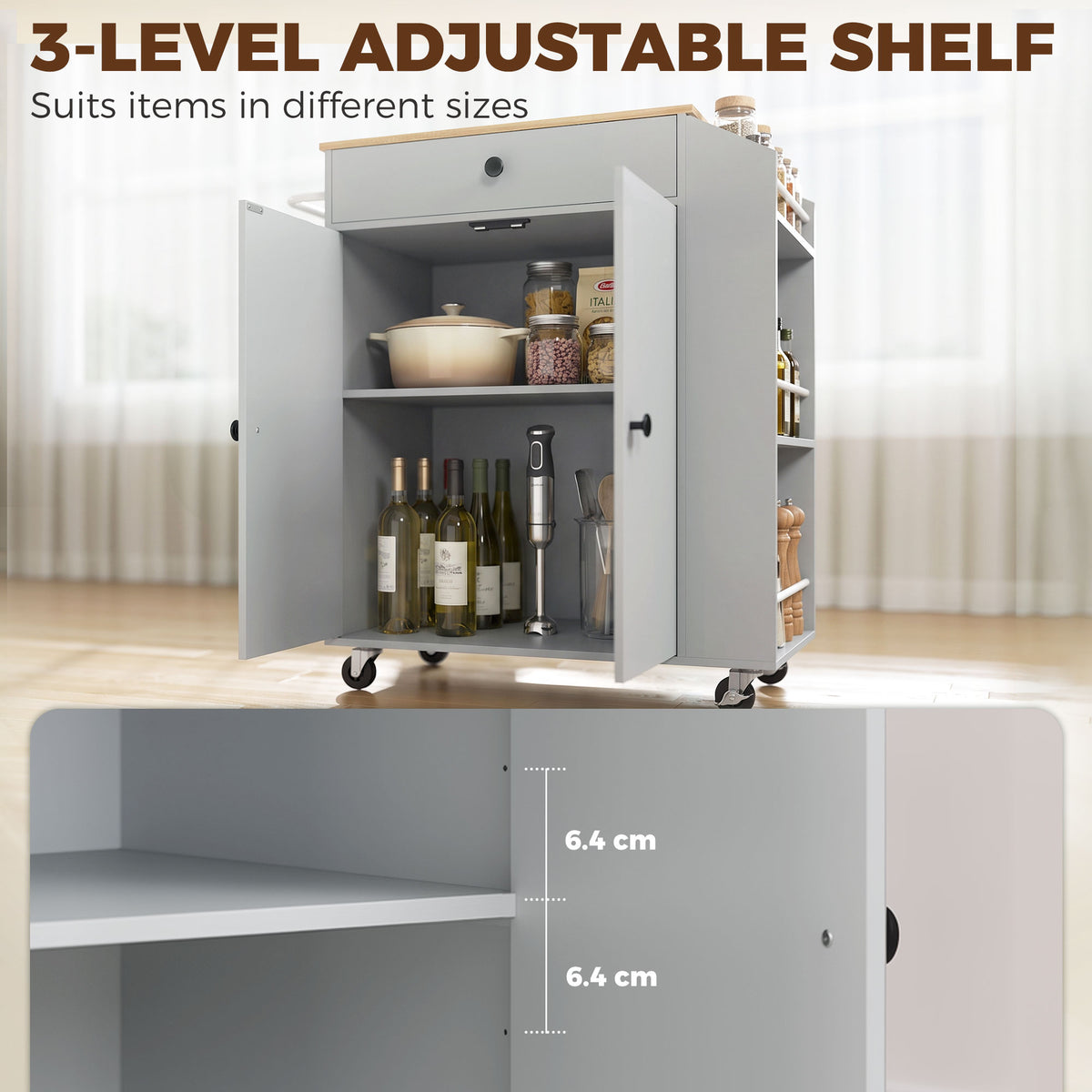 Light gray kitchen island cart with open doors and adjustable 3-level shelf for pantry items