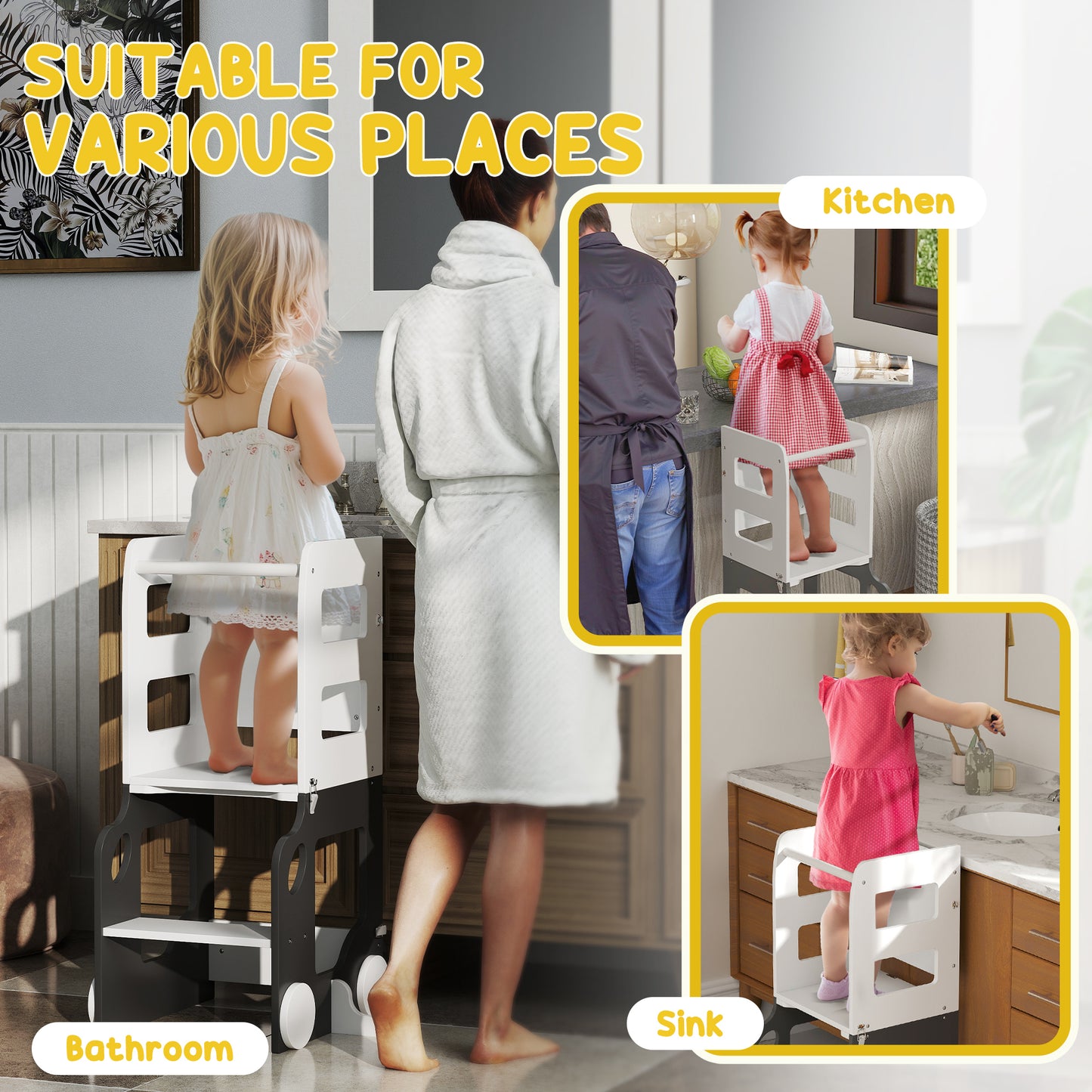 AIYAPLAY Toddler 4 In 1 Standing Tower Foldable Step Stool With Safety Rail For Kitchen And Bathroom Grey