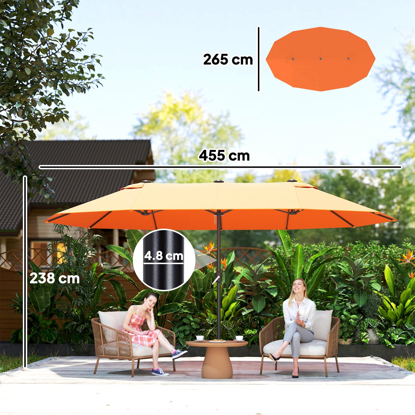 Outsunny 4.6m Double Garden Parasol Orange Sun Shelter With Durable Metal Frame And 12 Rib Canopy