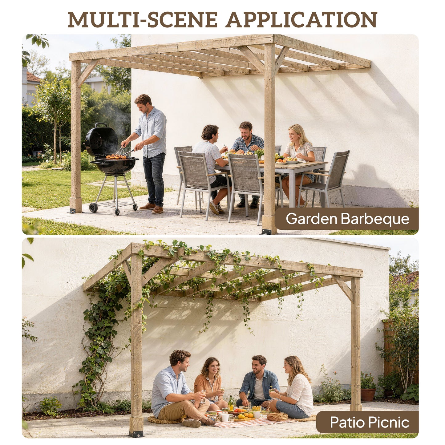 Outsunny Lean To Wooden Pergola Kit 2.4 By 2.4m Garden Gazebo With Stable Structure And Concrete Anchors Light Brown