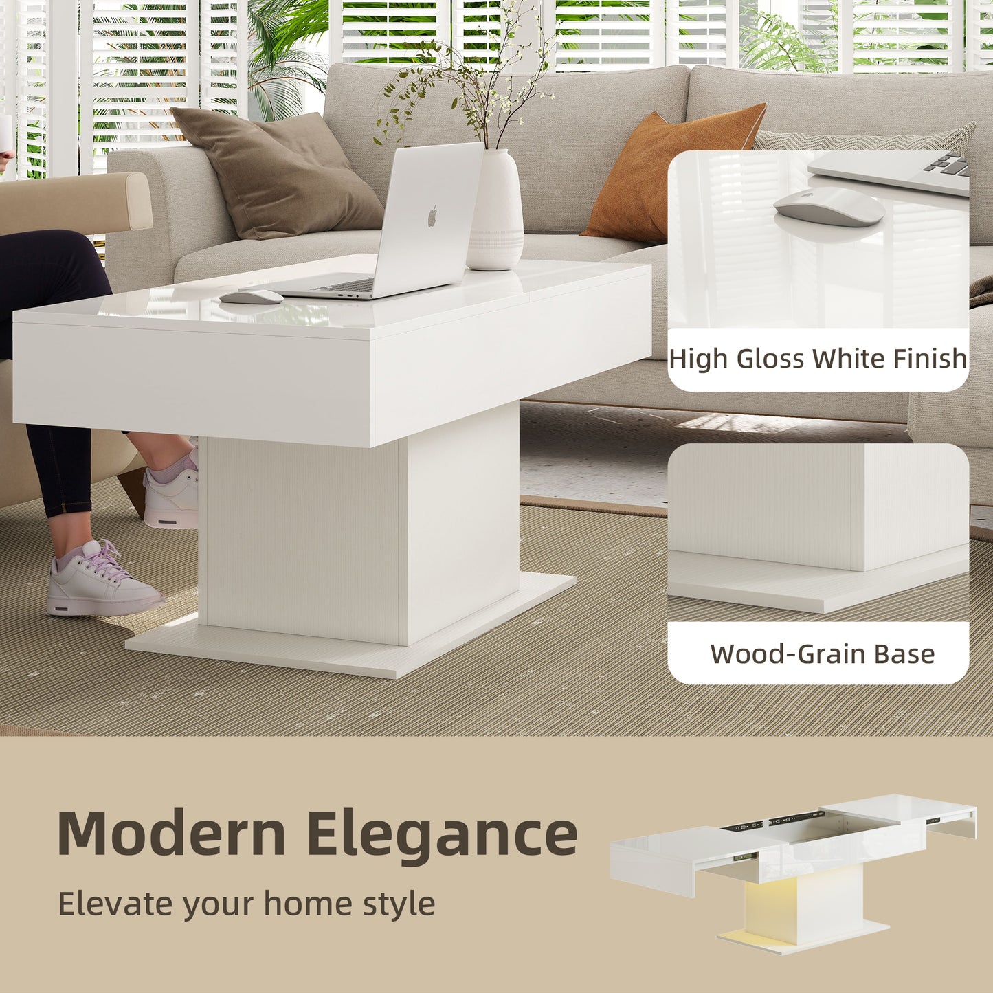HOMCOM Extendable Coffee Table with LED Lights and Hidden Storage in High Gloss White