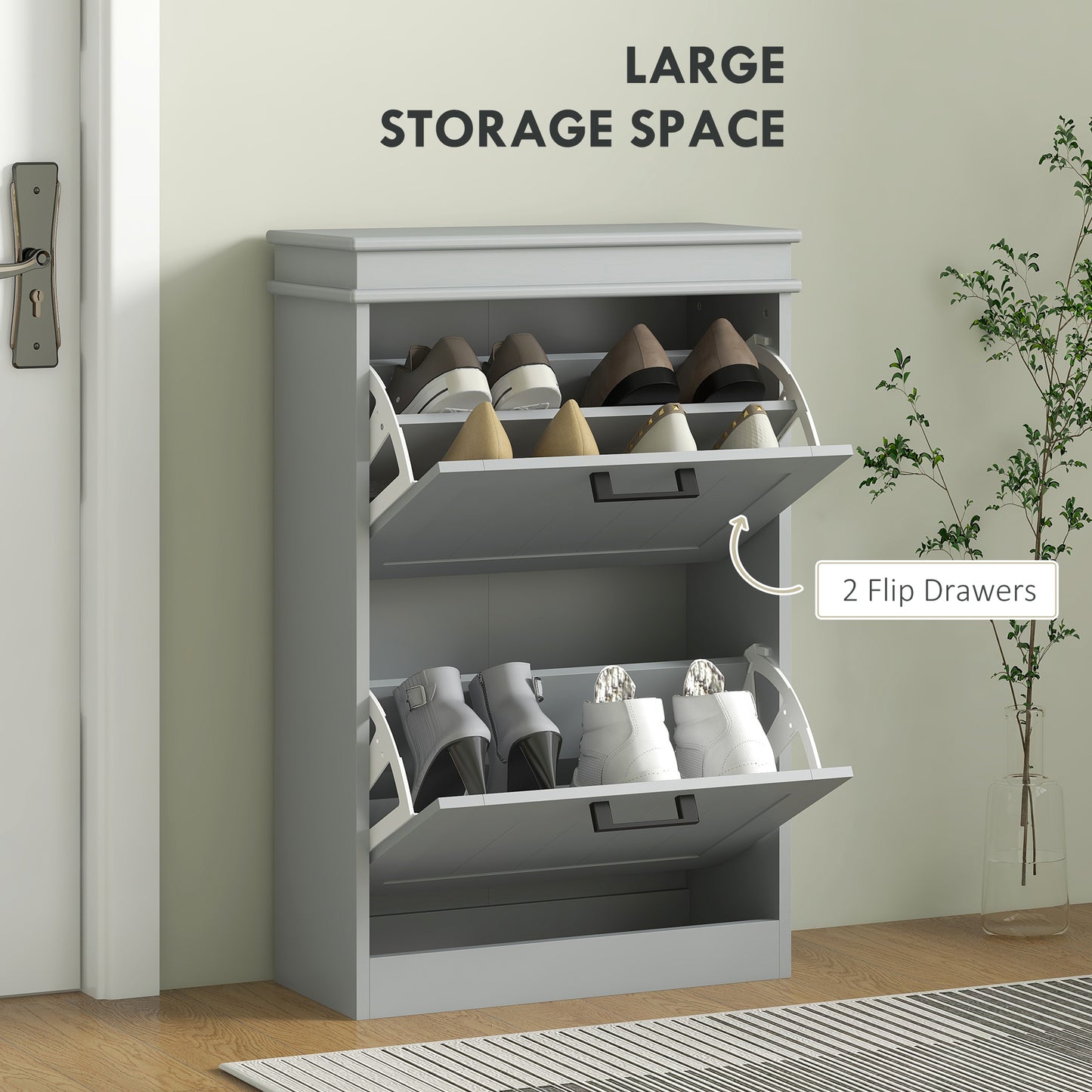 HOMCOM Two Drawer Minimalistic 10 Shoe Cabinet in Grey with Adjustable Shelves for Small Spaces