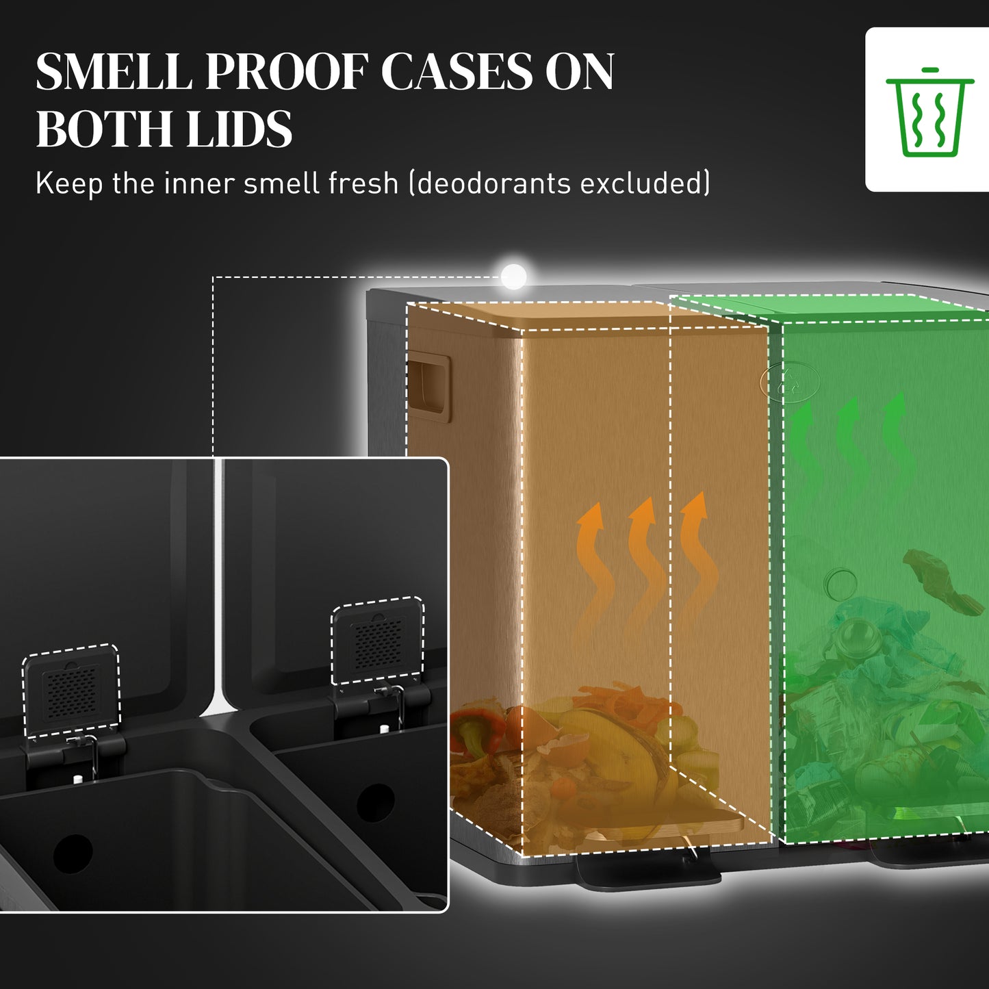 HOMCOM 30L Dual Compartment Stainless Steel Bin With Deodoriser Holders Black For Home And Kitchen