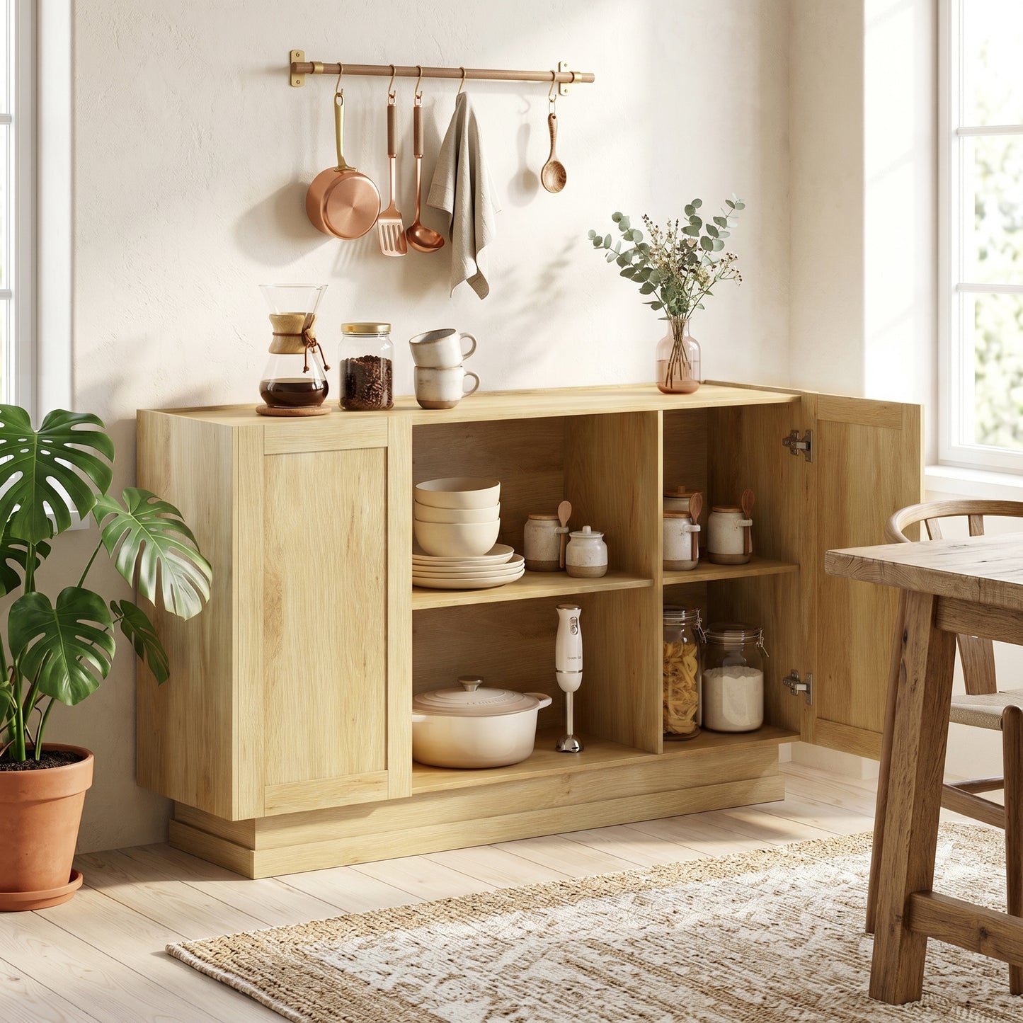 HOMCOM Sideboard Buffet Cabinet 133 cm Storage With 2 Open Shelves And 2 Cupboards Soft Close Doors Natural Finish