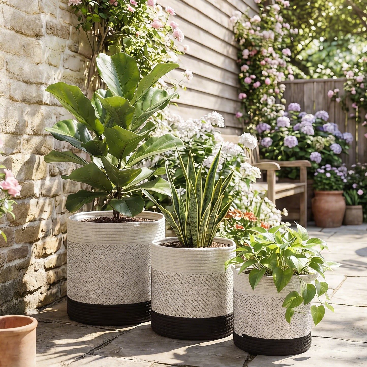 Outsunny Handwoven Cotton Indoor Plant Pots With Waterproof Liner Set Of 3 White