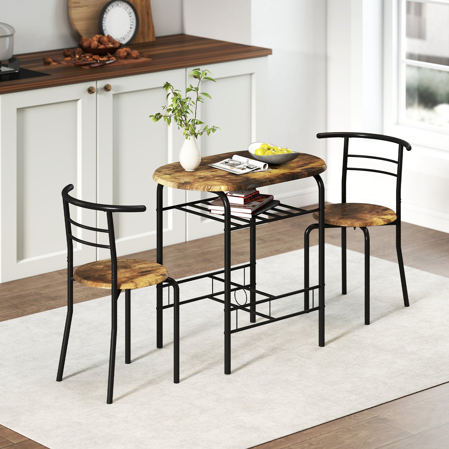 HOMCOM Three Piece Compact Dining Set With Two Chairs And Table In Rustic Brown Metal Frame And MDF Tops Space Saving