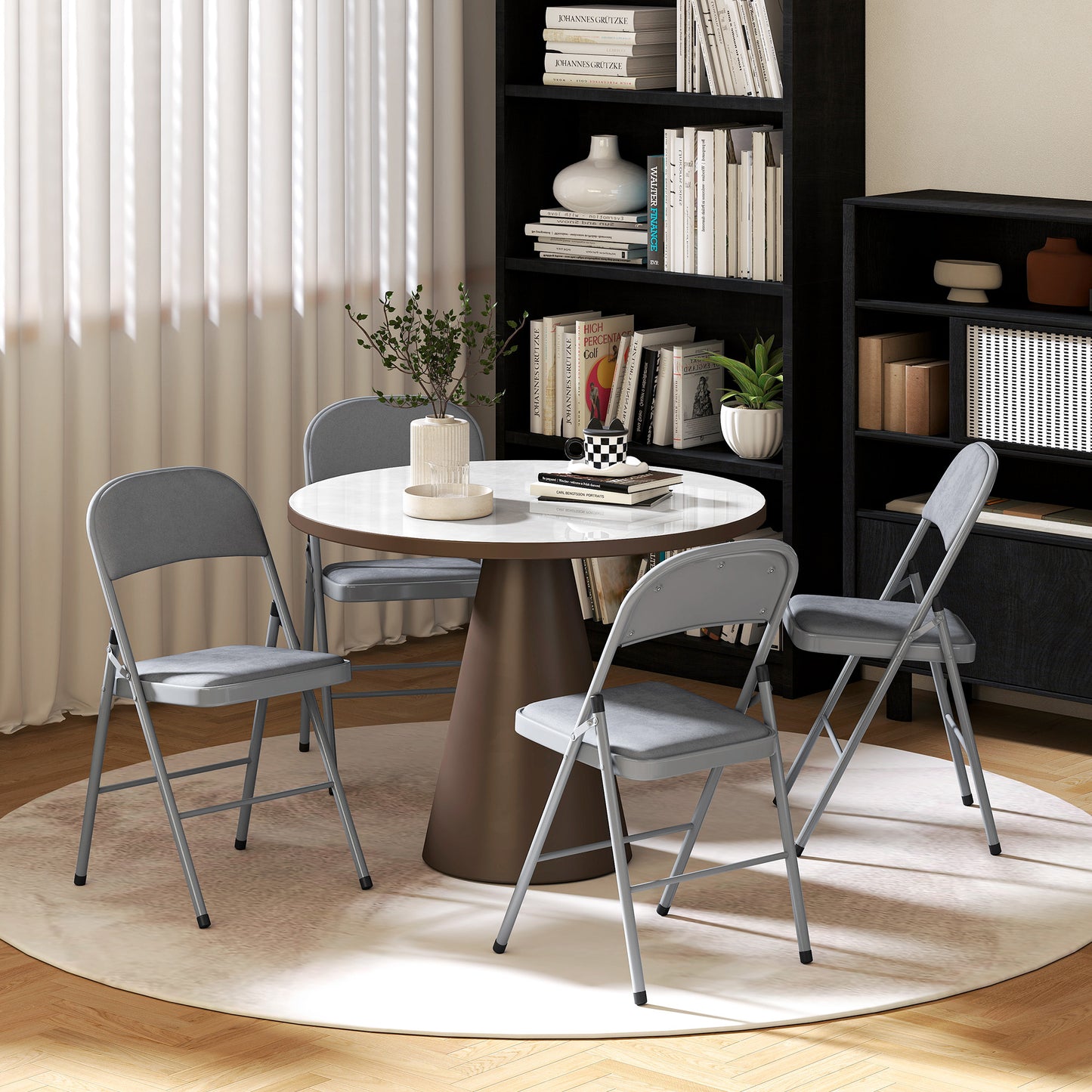 HOMCOM 4 Pack Folding Chairs With Padded Seats Velvet Portable Party Chairs With Steel Frame Light Grey