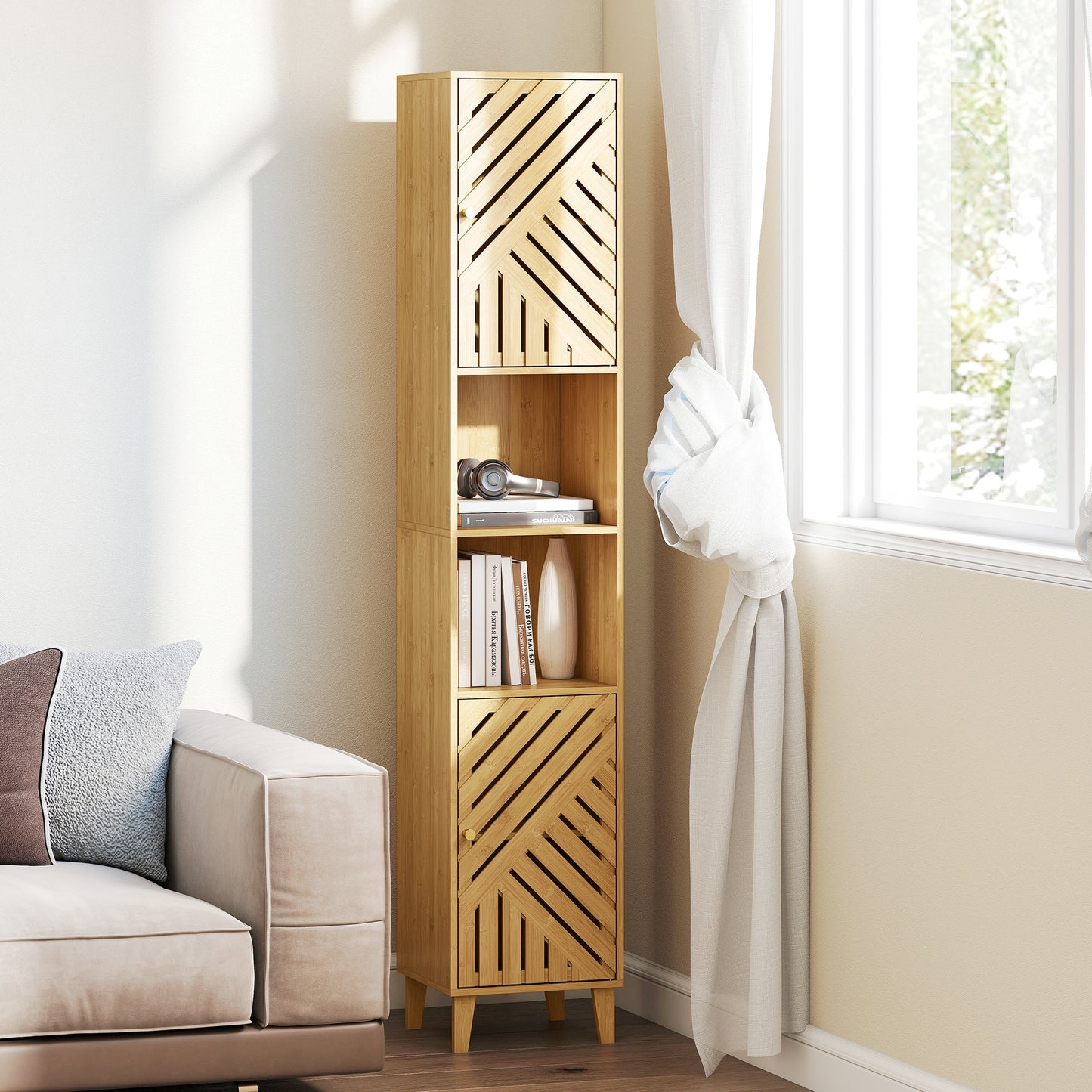 HOMCOM Tall Bamboo Door Bathroom Cabinet With Upper And Lower Cupboards And Adjustable Shelves Natural Finish