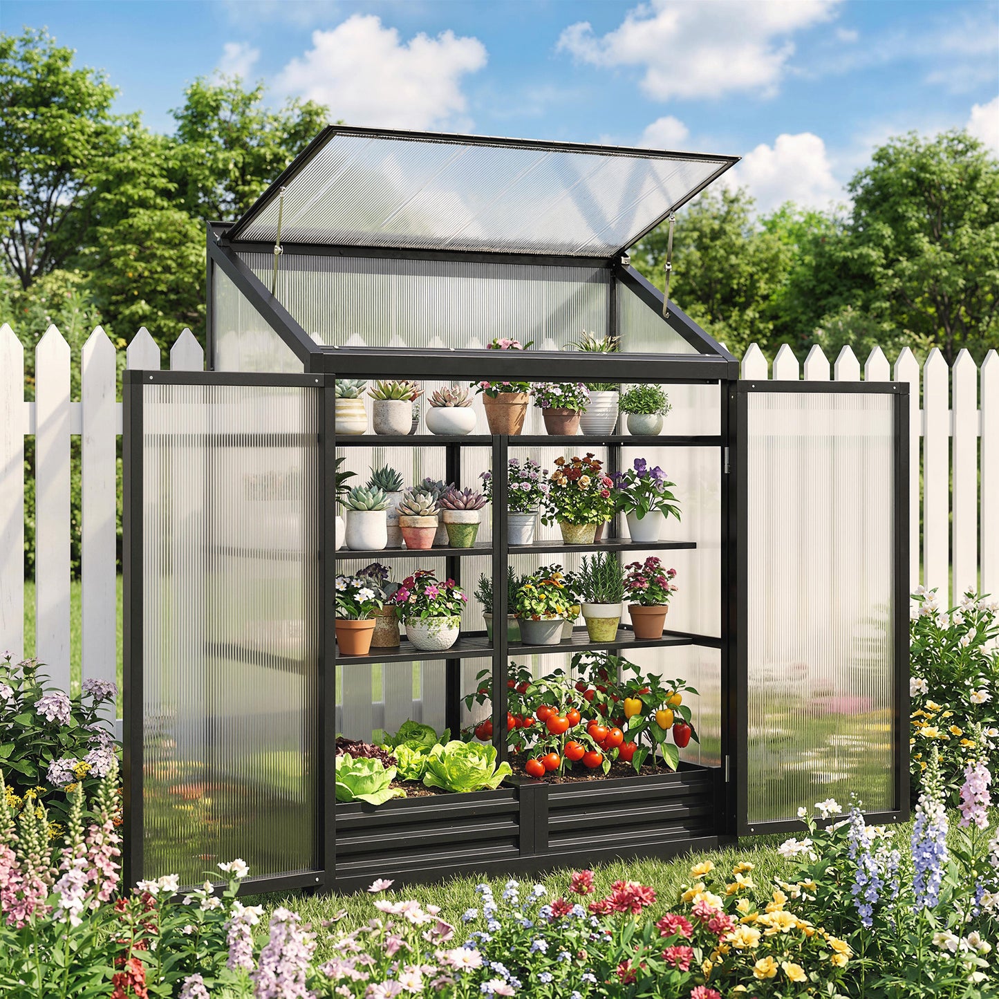 Outsunny Polycarbonate Greenhouse With Hinged Door And Top Vent For Small Patio 4x2ft Black Lean To Walk In