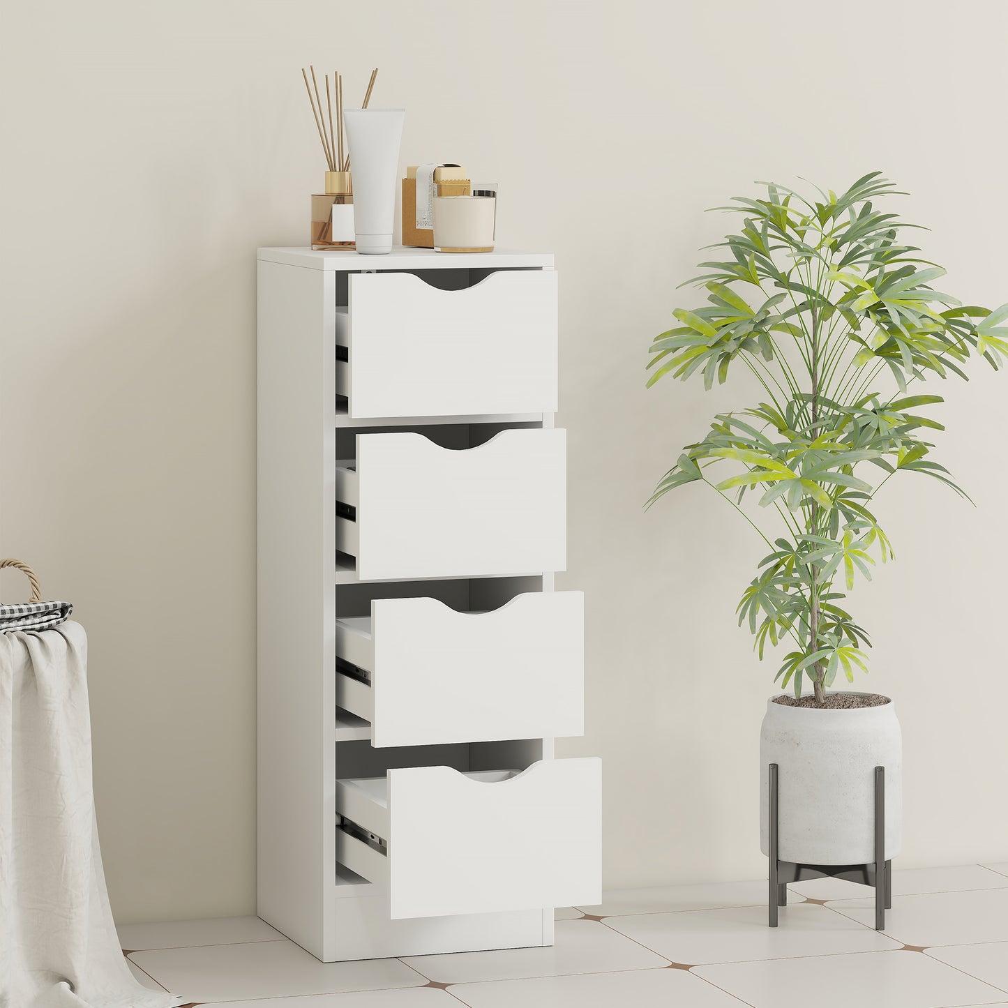 HOMCOM White 4 Drawer Bathroom Cabinet Freestanding Narrow Storage With Groove Handles For Small Spaces Nordic Style