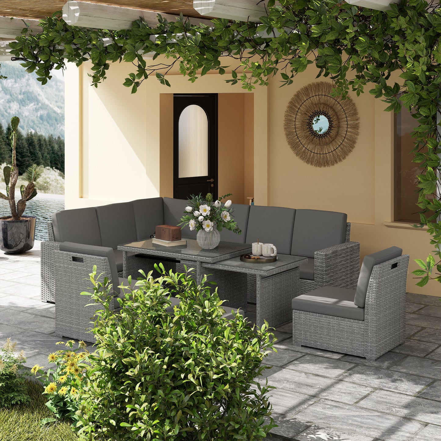 Outsunny Seven Piece Rattan Garden Sofa Set With Expanding Table Light Grey Seats Up To Ten People