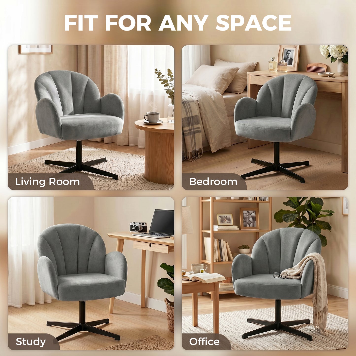 HOMCOM Swivel Accent Chair Shell Shaped Armchair With Spring Cushion 360 Degree Swivel Metal Base Grey