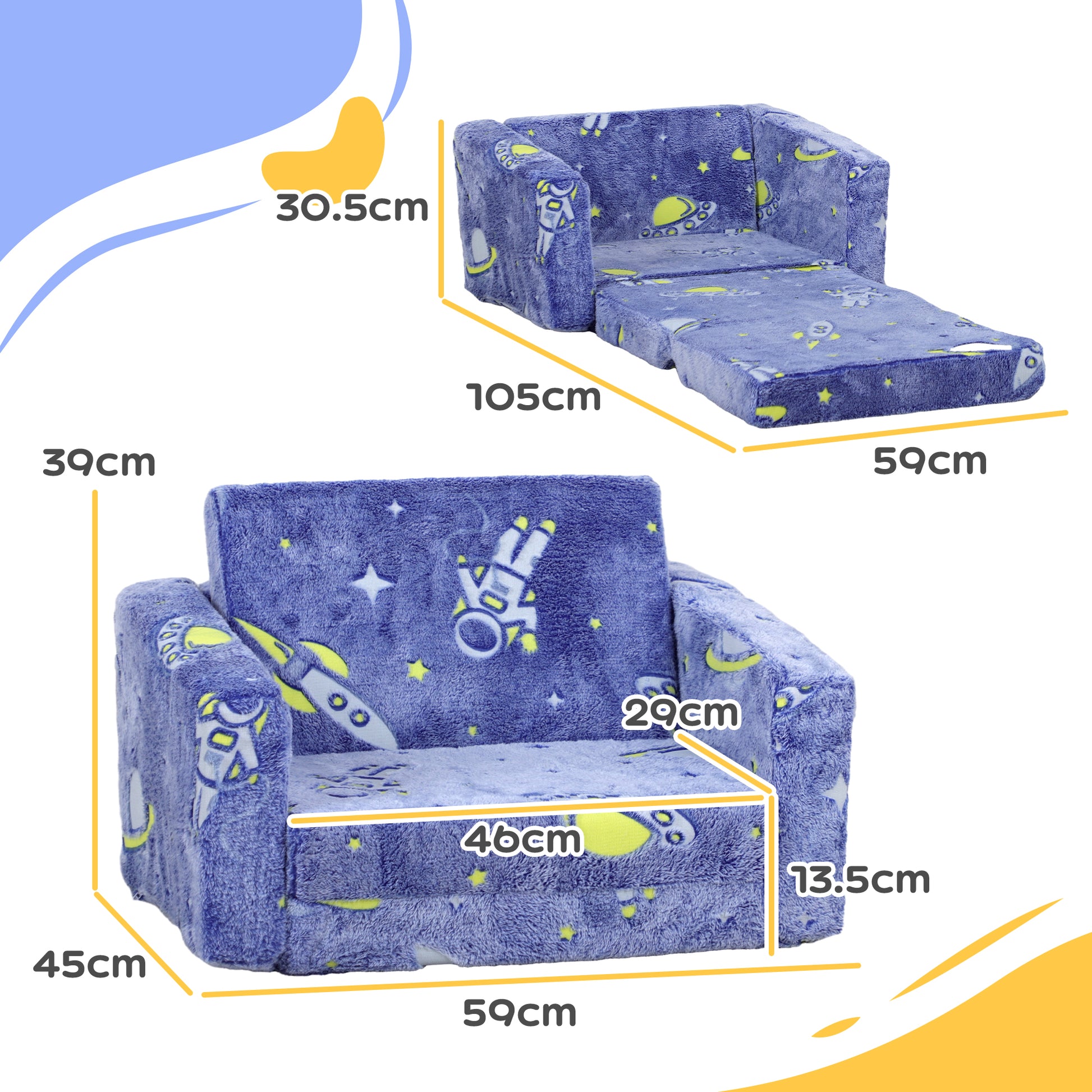 AIYAPLAY Glow-in-the-Dark Cosmic Children's Sofa Bed - 2-in-1 Foldable Chair and Bed for Kids, Washable Cushion, Blue - ALL4U RETAILER LTD