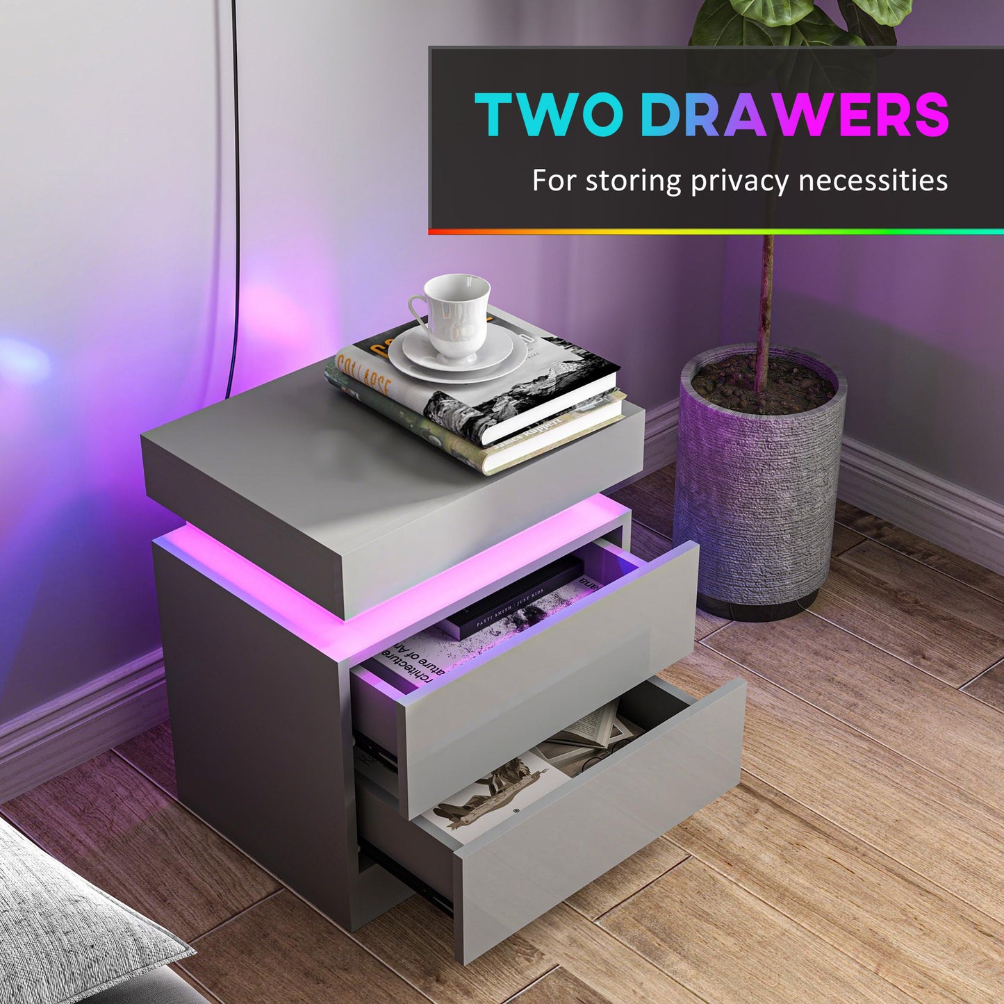 HOMCOM Grey Bedside Table With LED Light Panel And Bluetooth Music Sync High Gloss Front Nightstand With 2 Drawers