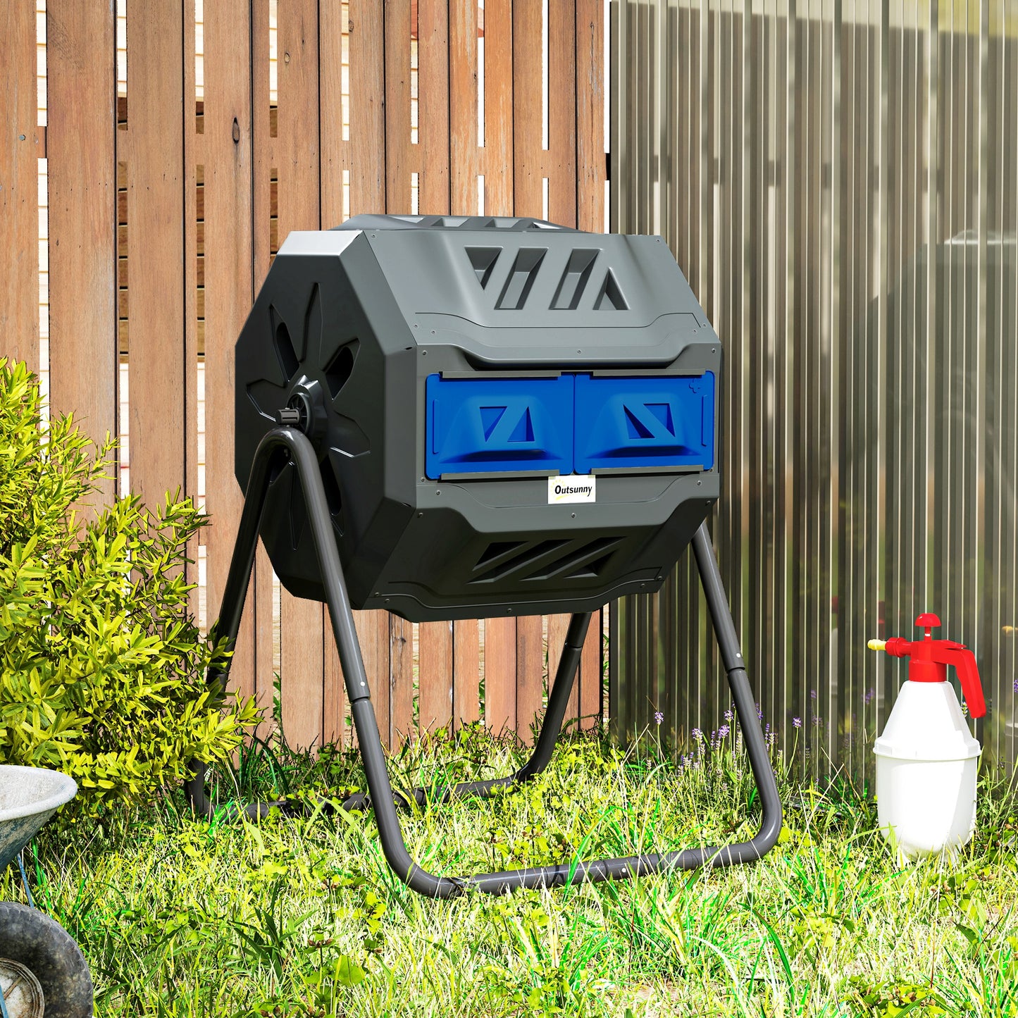 Outsunny 160L 360 Degree Rotating Dual Chamber Composter Blue Durable Plastic Body With Metal Frame