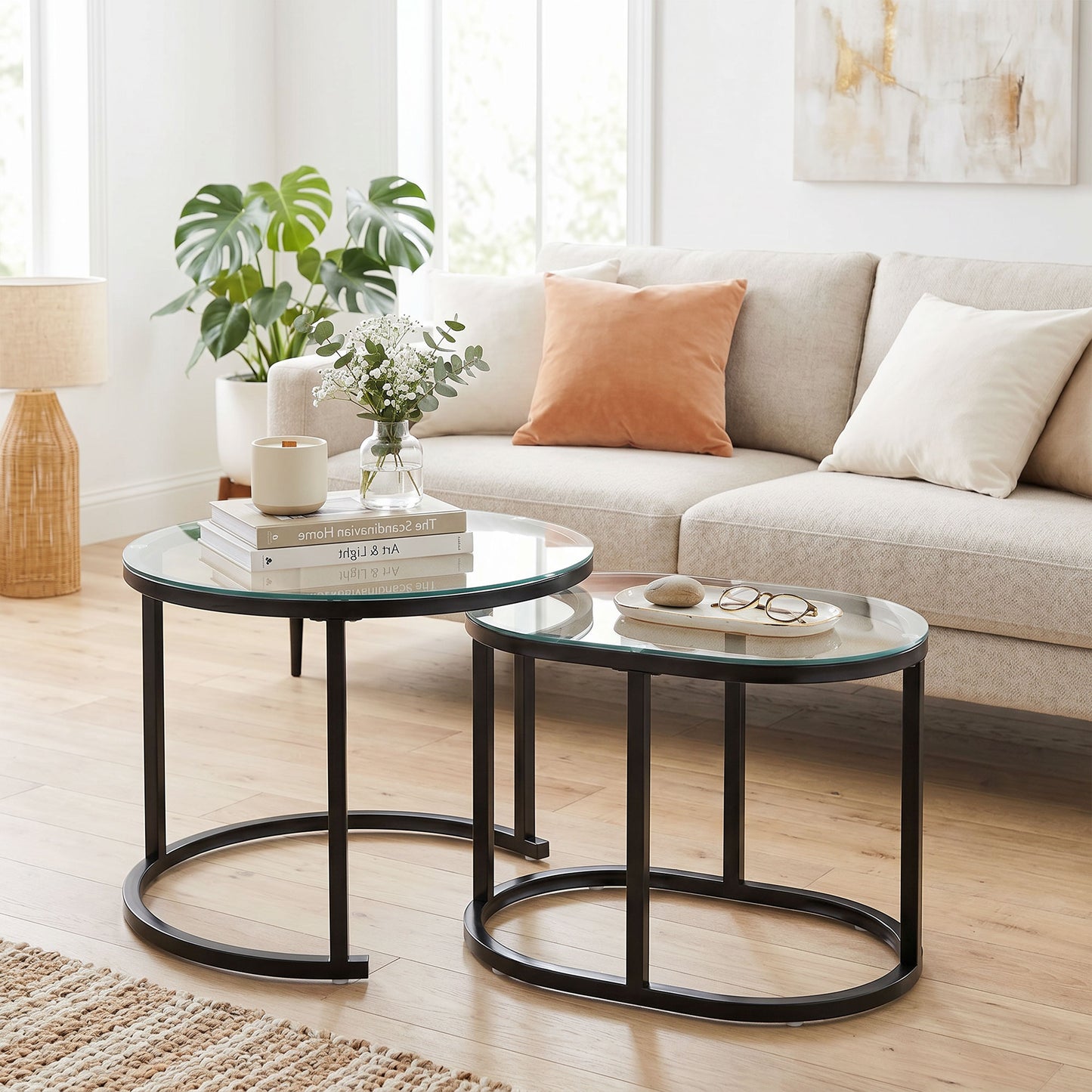 HOMCOM Nest of Tables Set of 2 with Steel Frame and Tempered Glass Tabletops Modern Black Coffee Tables