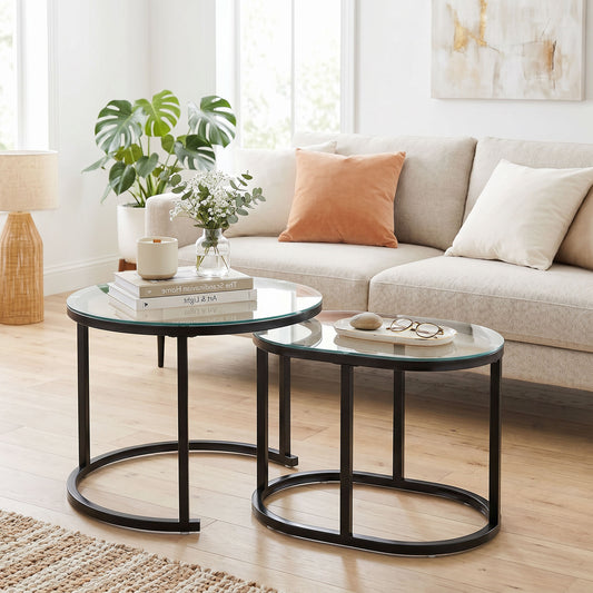 HOMCOM Nest of Tables Set of 2 with Steel Frame and Tempered Glass Tabletops Modern Black Coffee Tables