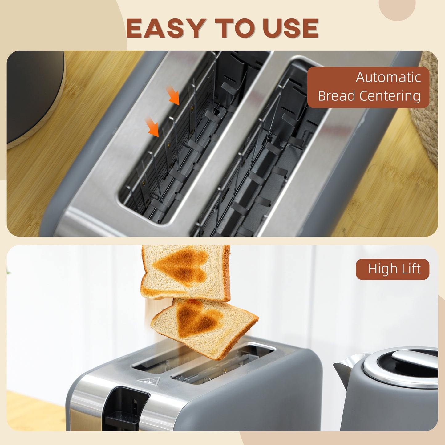 HOMCOM Kettle And Toaster Set 1.7L 3000W 2 Slice With 7 Browning Levels Defrost Reheat Auto Off Boil Dry Protection Grey