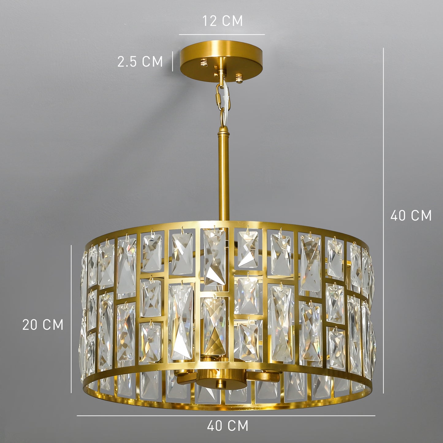 HOMCOM 72 Glass Crystallite Chandelier Gold Tone Ceiling Light With Flush Mount Or Hanging Installation Three Bulbs