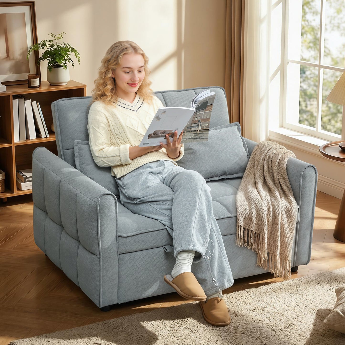 HOMCOM Two Seater Sofa Bed Three In One Convertible Sleeper Sofa With Adjustable Backrest And Two Pillows Grey