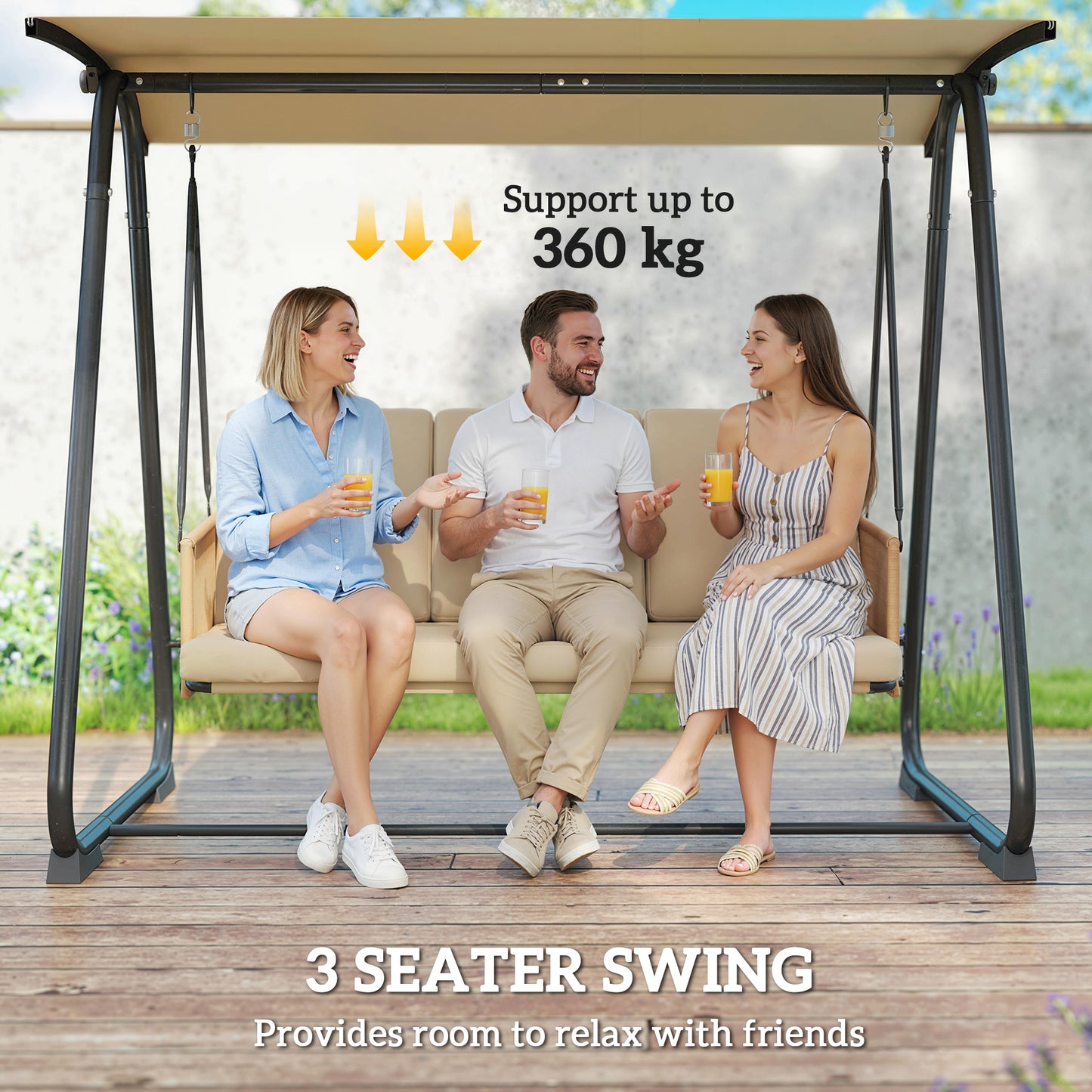 Outsunny 3 Seater Swing Chair With Adjustable Canopy Garden Swing Seat Outdoor Hammock Bench Cushions Sand Brown