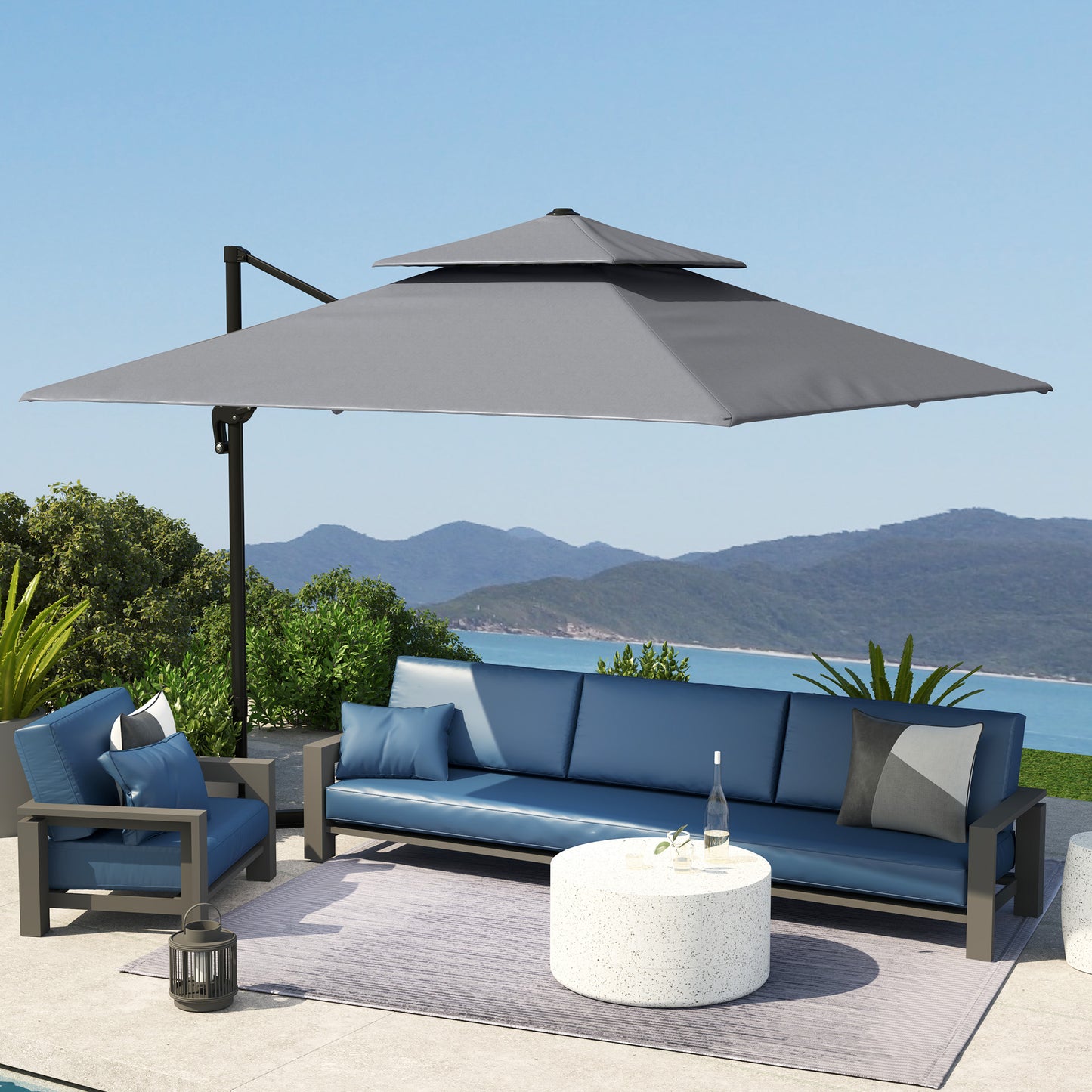 Outsunny Cantilever Parasol 3x3m Aluminum Frame Crank Tilt 360 Degree Rotation Double Top Garden Umbrella With Cover