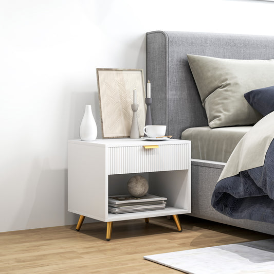 HOMCOM Elegant Bedside Table With Drawer And Shelf Two Tone White And Gold Ribbed Drawer Front Finish