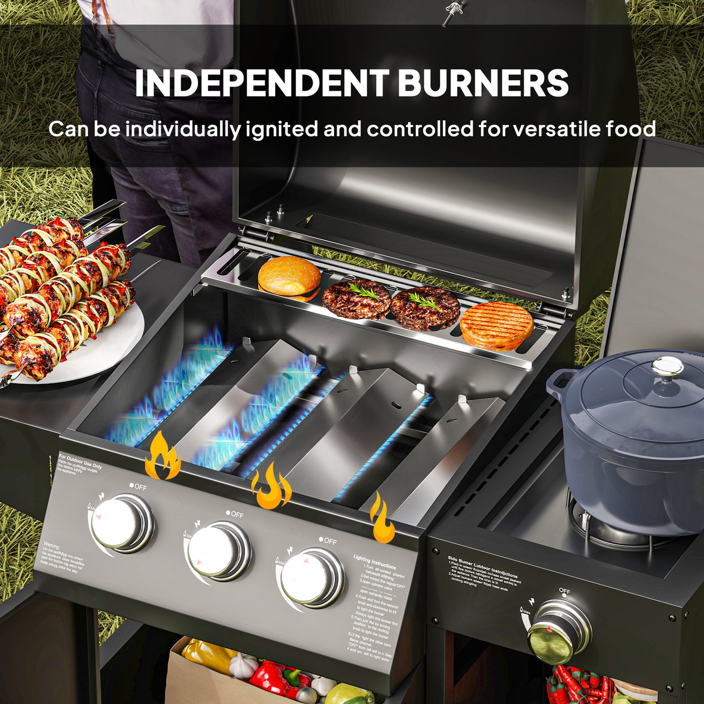 Outsunny 3+1 Burner Gas BBQ Grill With Storage Cabinet And Shelves 9.5 kW Trolley With 6 Castor Wheels