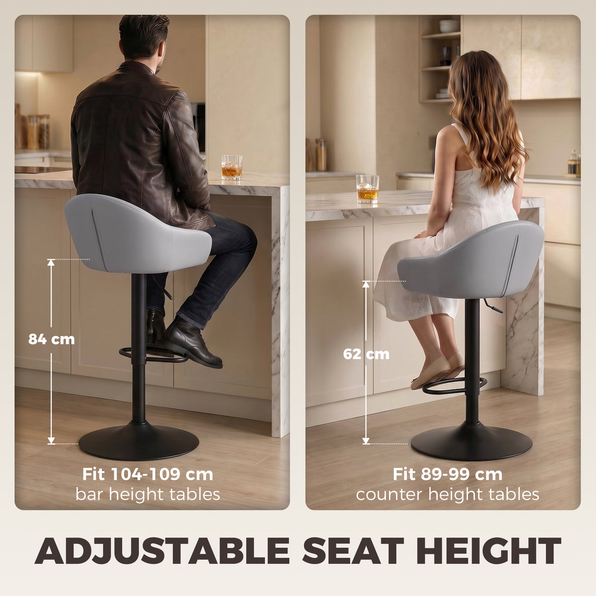 Grey adjustable bar stool with padded armrests and rounded backrest, black pedestal base