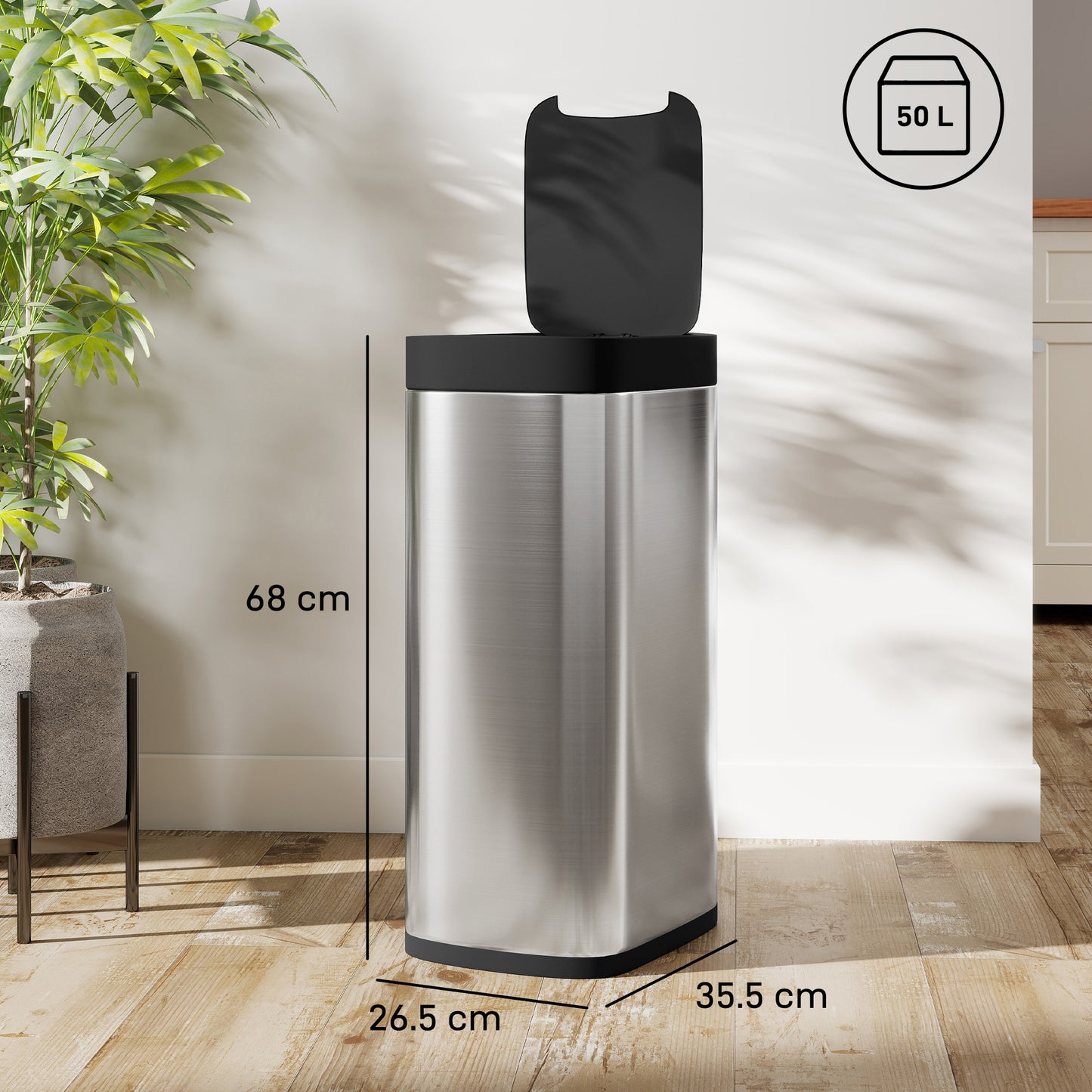 HOMCOM 50L Sensor Bin Automatic Touchless Kitchen Bin With Manual Override Battery Operated Inner Bucket Free