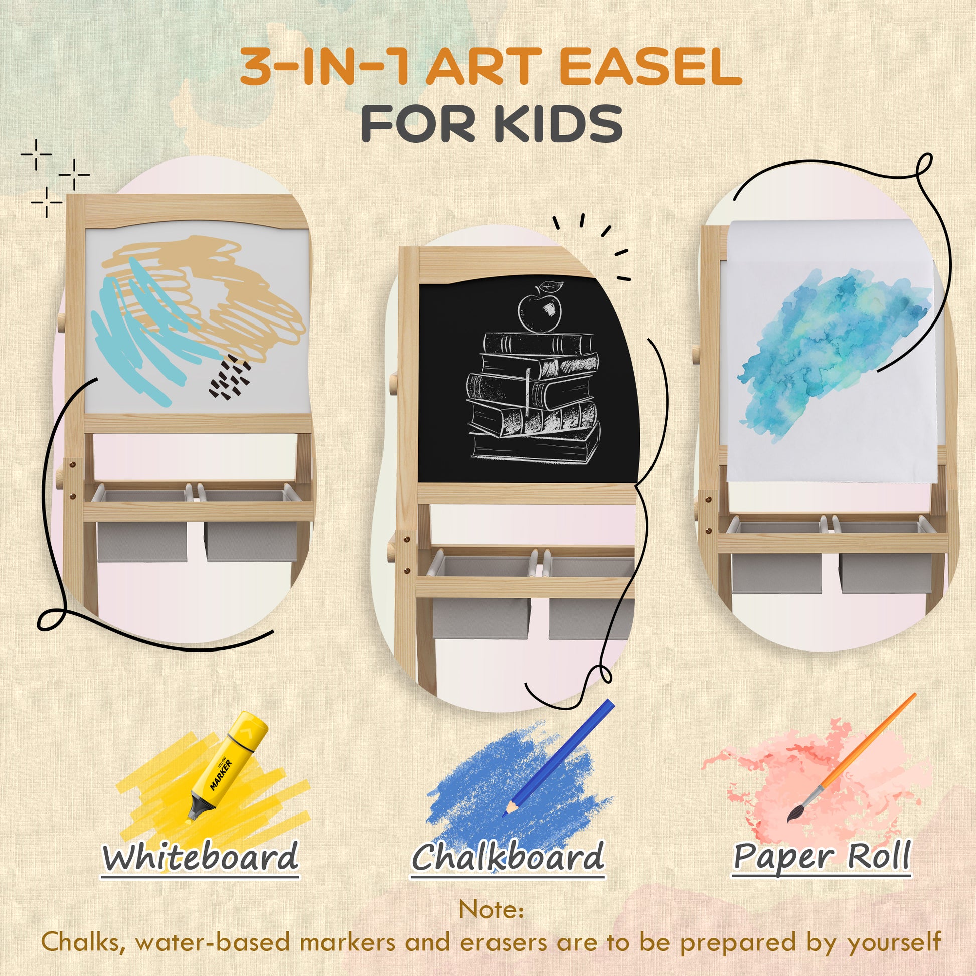 AIYAPLAY 3-in-1 Kids Art Easel with Paper Roll, Double-Sided Whiteboard and Blackboard for Toddlers, Includes Storage Baskets, Ages 3-6 - ALL4U RETAILER LTD