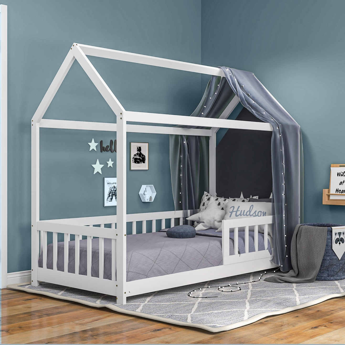 HOMCOM House Shaped Kids Bed Frame With Guard Rails In Solid Pine Wood Ideal Single Bed For Boys And Girls