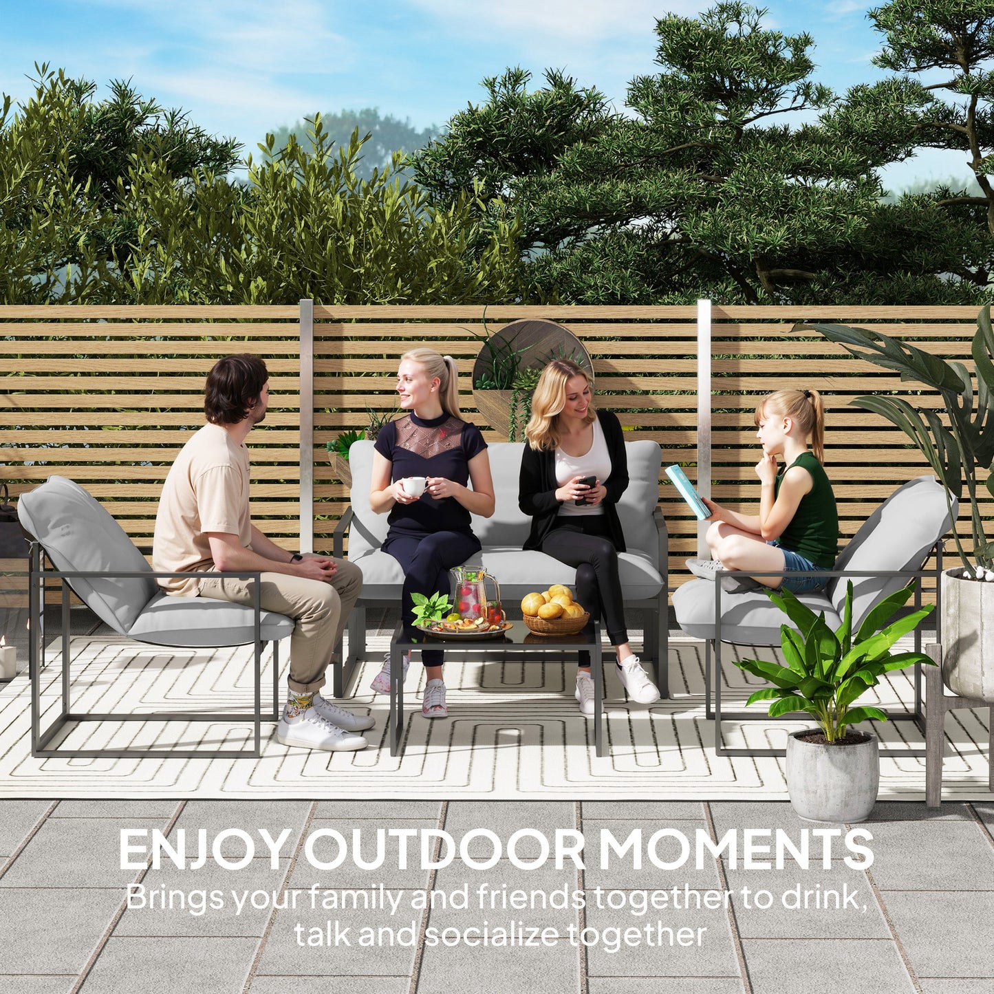 Outsunny Four Piece Relaxed Back Garden Dining Set Black And Light Grey With Steel Frame And Thick Cushioned Seats
