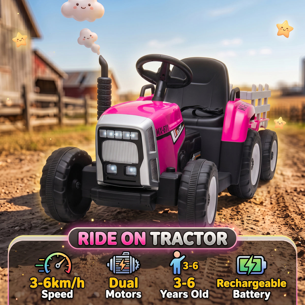 HOMCOM 12V Pink Kids Ride On Tractor With Remote Control And Trailer