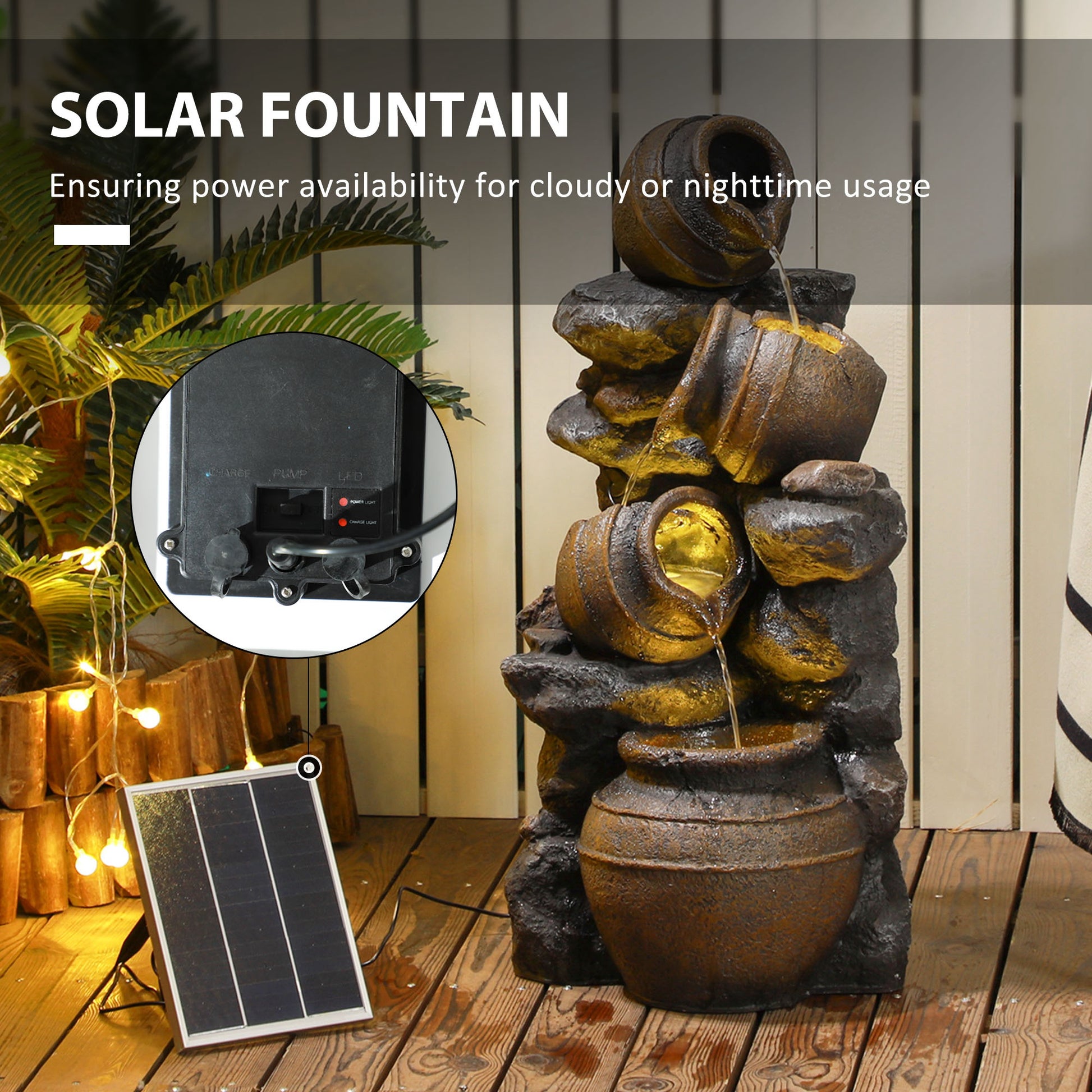 Outsunny Solar-Powered 4-Tier Cascading Water Fountain with LED Lights and Pump for Indoor/Outdoor Use, Rustic Jars Waterfall Decoration, 72cm High - ALL4U RETAILER LTD