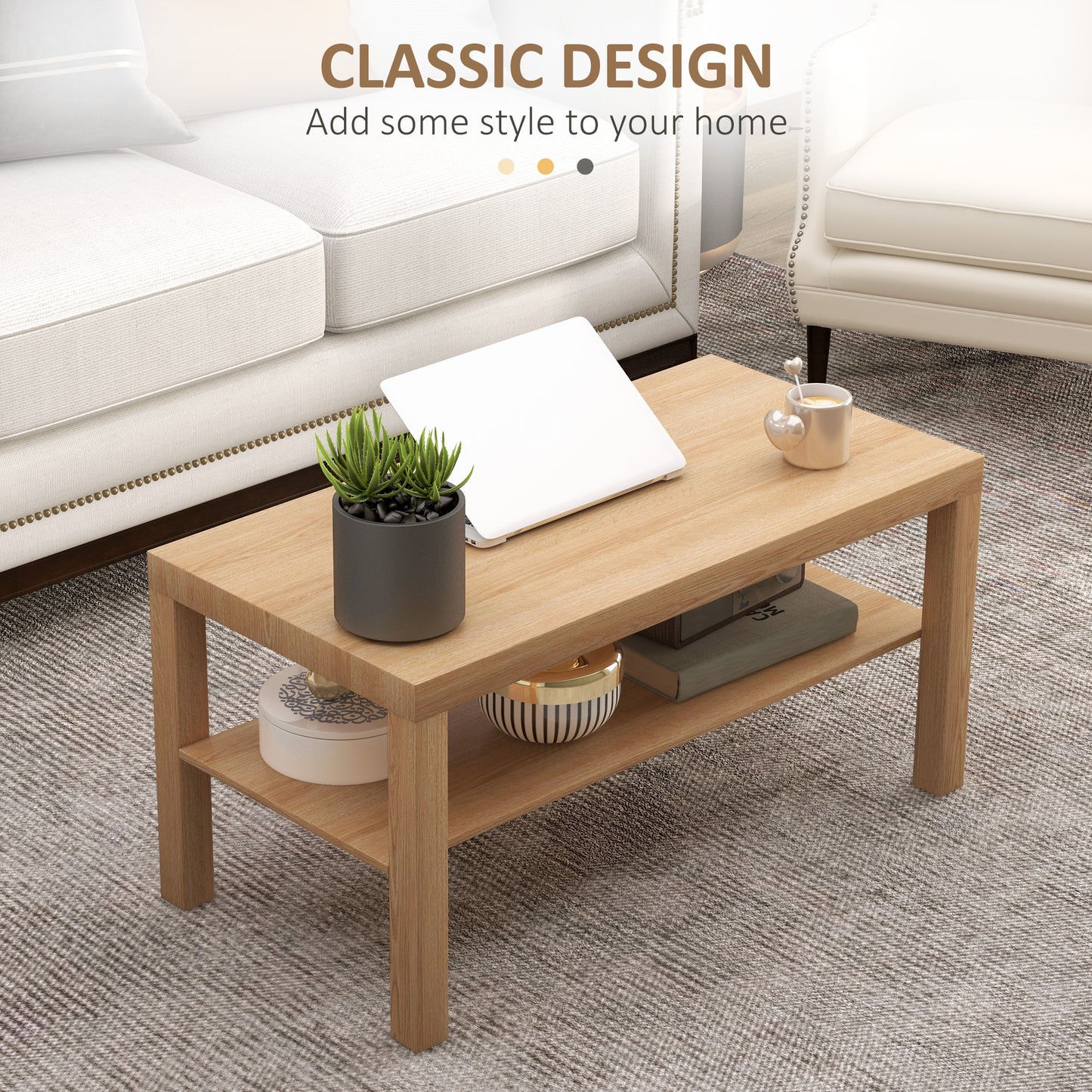 HOMCOM 2 Tier Coffee Table With Storage Shelf Rectangular Table For Living Room And Home Office Natural Wood Finish