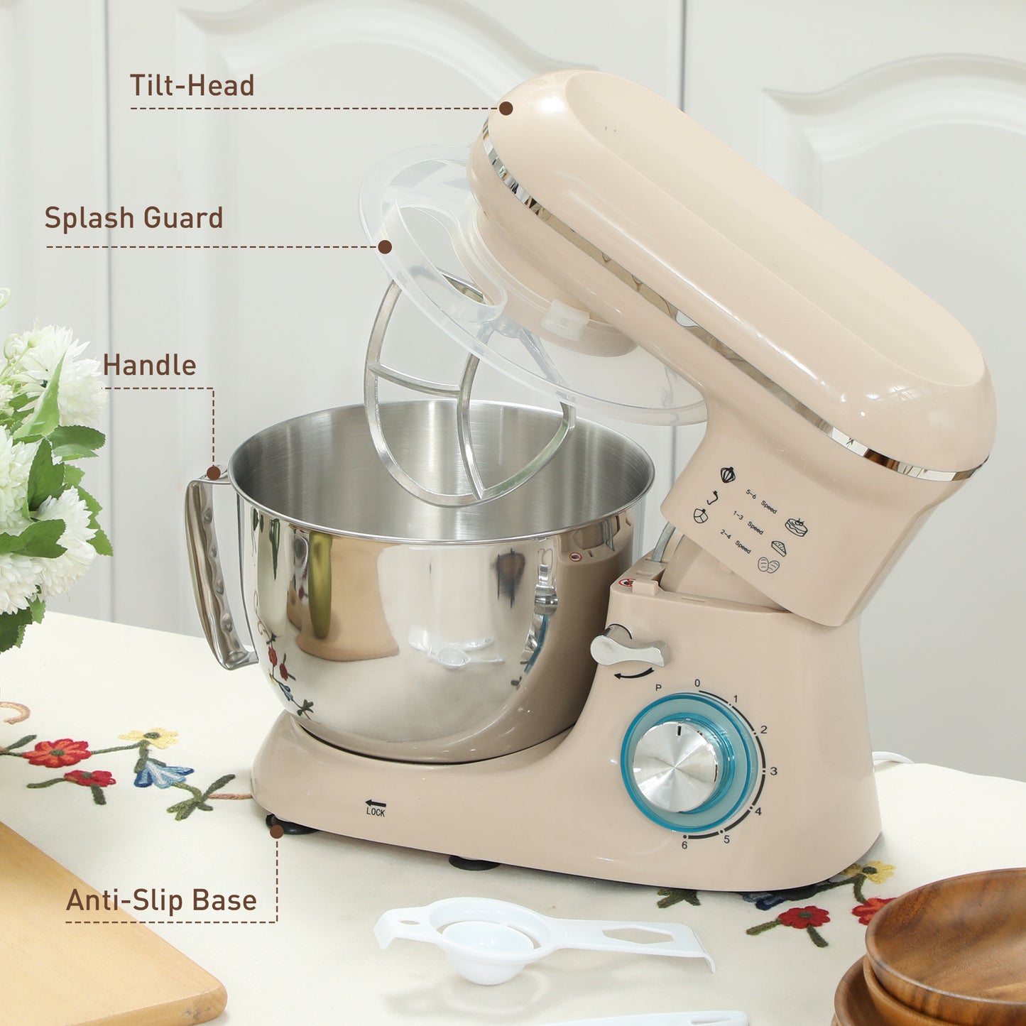 HOMCOM 1300W Stand Mixer With Accessories Beige 6 Speeds And Pulsation 4.5L Stainless Steel Bowl