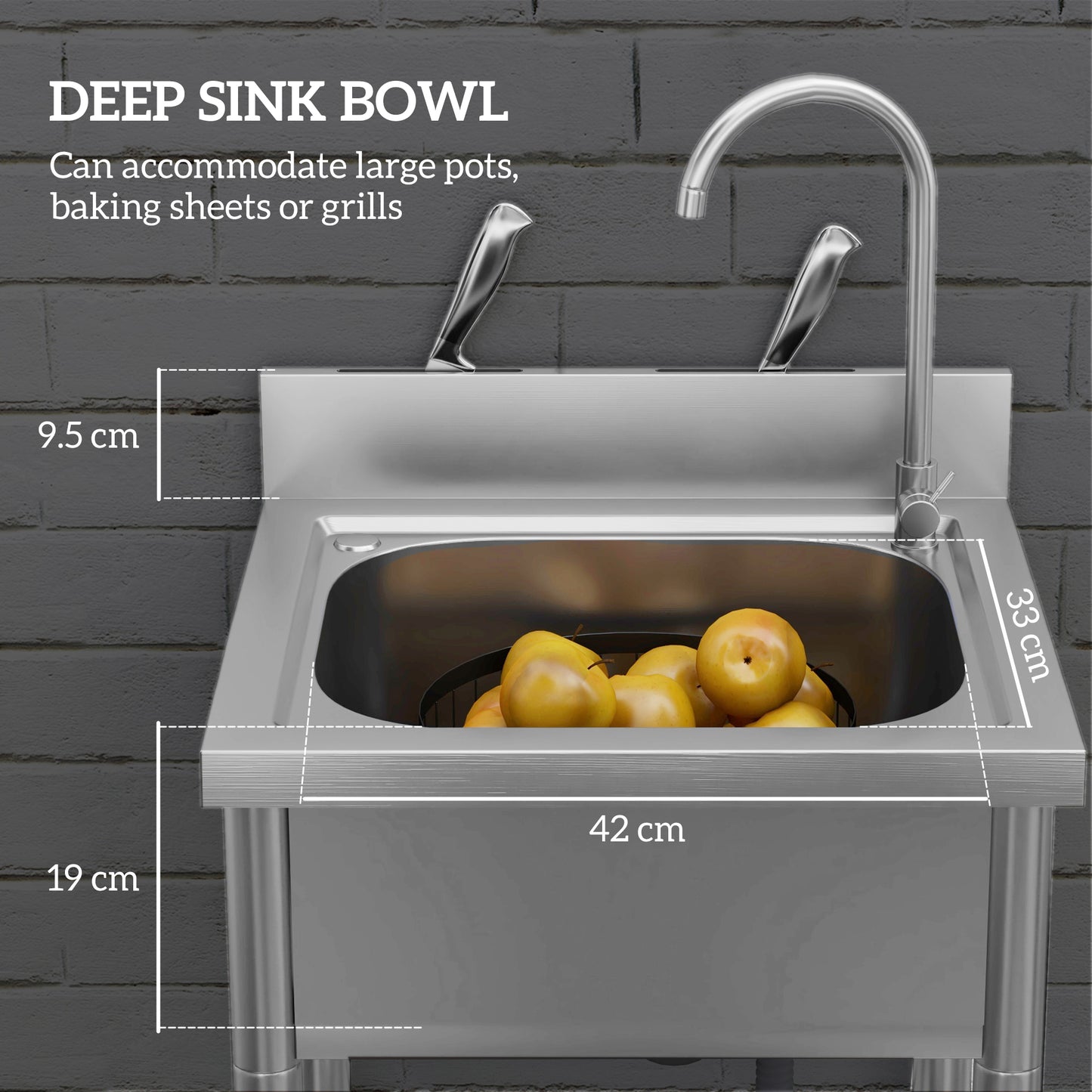 HOMCOM Outdoor Stainless Steel Utility Sink With Free Standing Single Bowl And Storage Shelf Hot And Cold Water