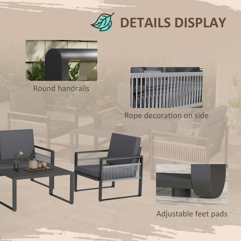 Outsunny Aluminium Garden Furniture Sets w/ Cushions, Slatted Top Table, Black - ALL4U RETAILER LTD