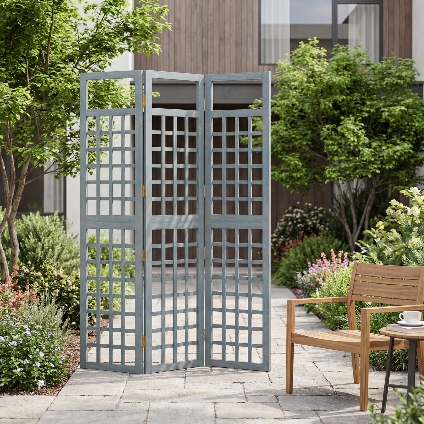 Outsunny 3 Panel Garden Privacy Screen Freestanding Foldable Wooden Outdoor Divider Trellis Grey