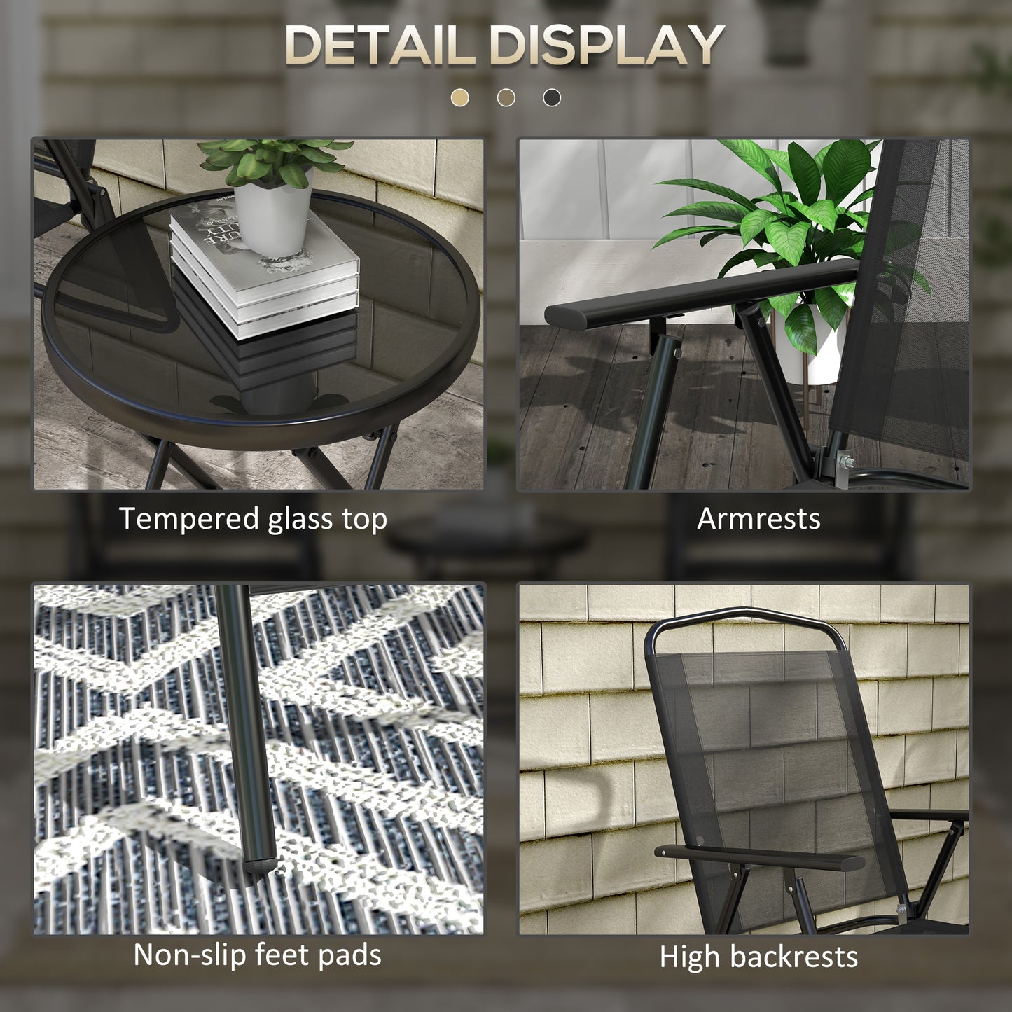 Outsunny Three Piece Foldable Garden Seat Set With Glass Top Table And Chairs Black Powder Coated Metal