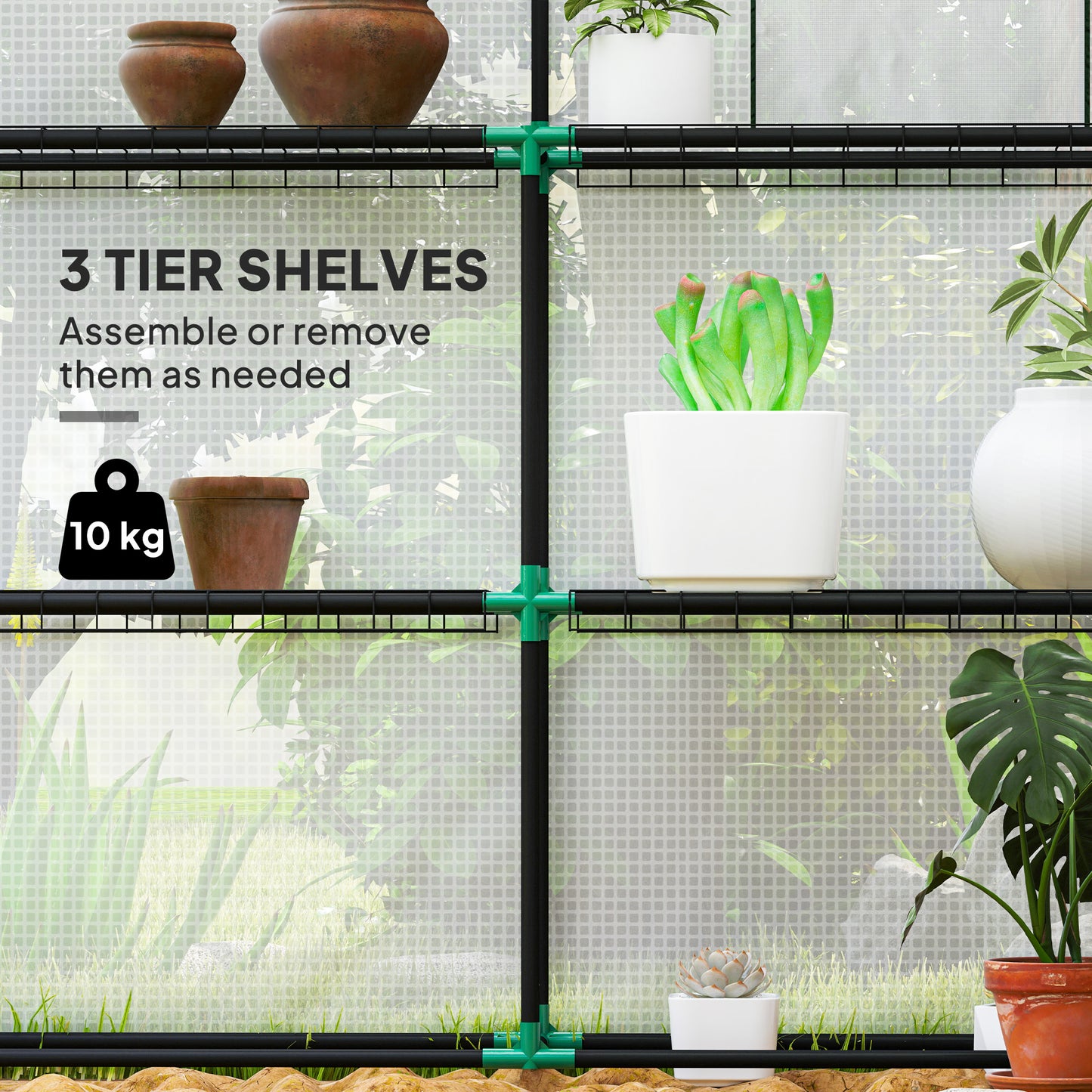 Outsunny Walk In Plastic Greenhouse 143x140 cm With Four Shelves On Each Side Roll Up Door UV Resistant Cover White