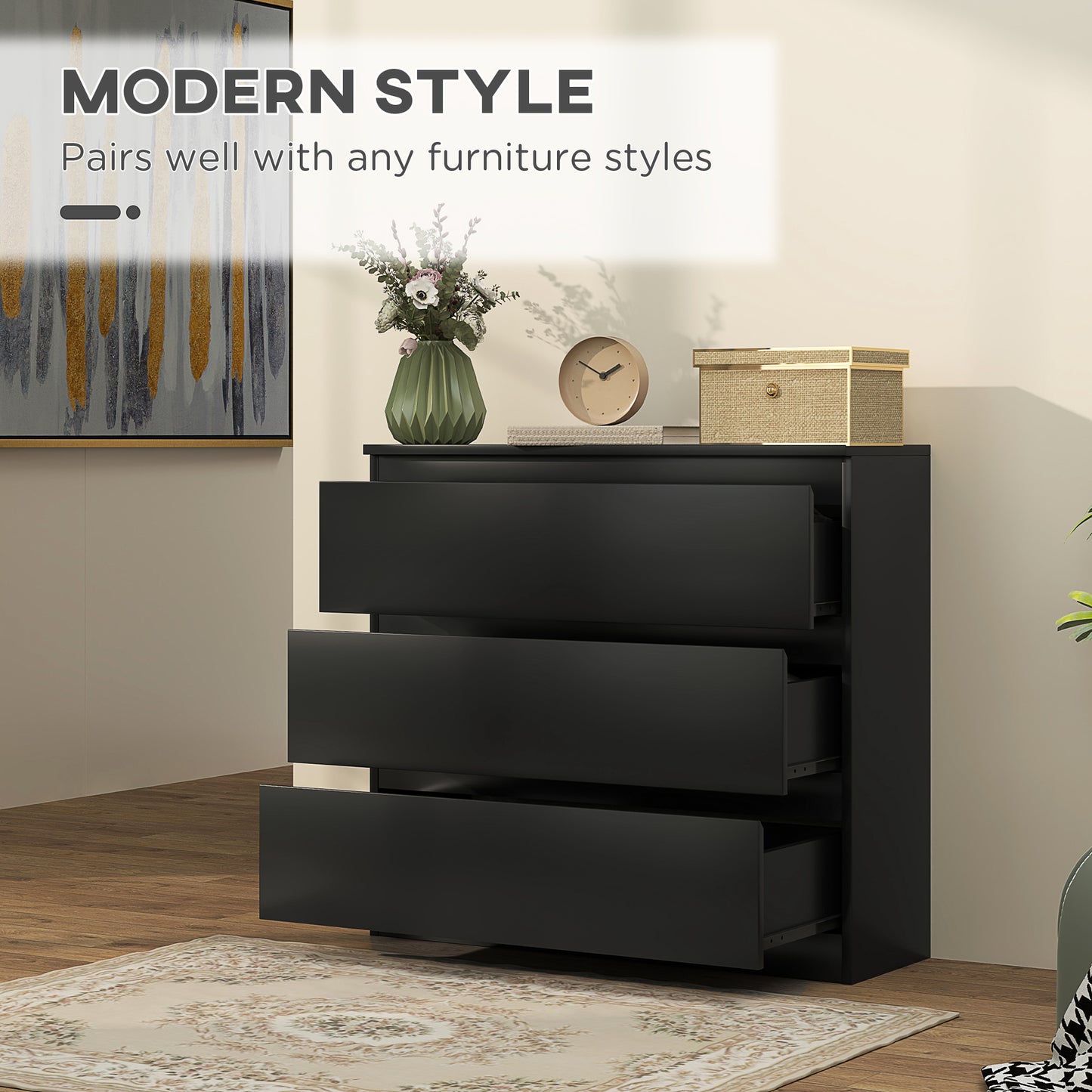 HOMCOM Chest Of Three Drawers Black Modern Dresser For Bedroom Storage And Organization