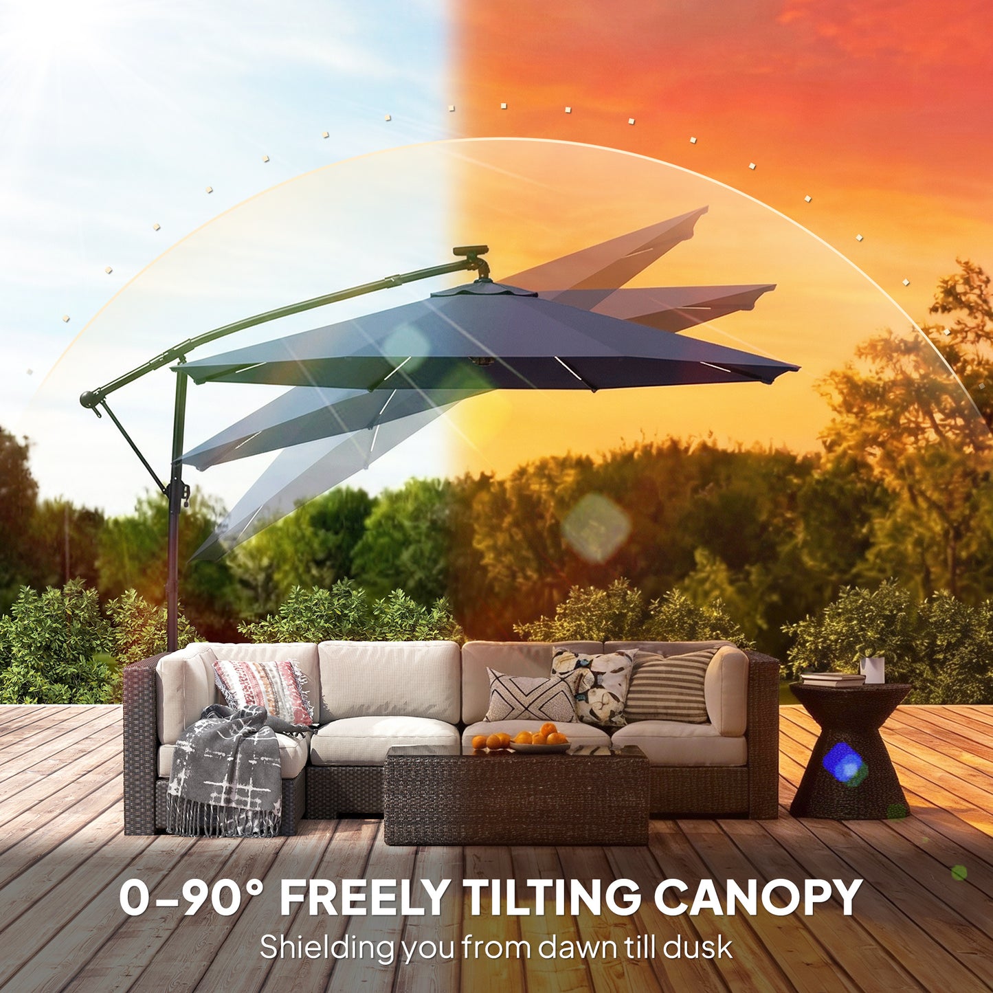 Outsunny Three Meter Garden Cantilever Parasol With LED Solar Light, Round Umbrella With 360 Degree Rotation, Navy Blue