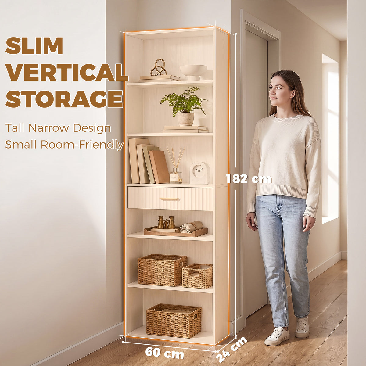Homcom Tall Narrow Bookshelf With Drawer 7 Tier White Storage Rack
