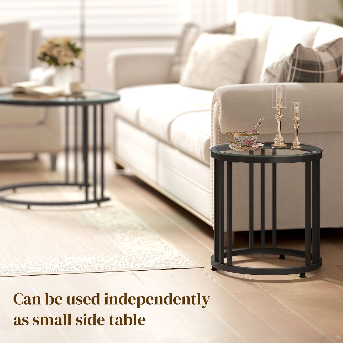 HOMCOM Round Coffee Tables Set of 2 Nesting Tables With Tempered Glass Tops And Steel Frame In Black